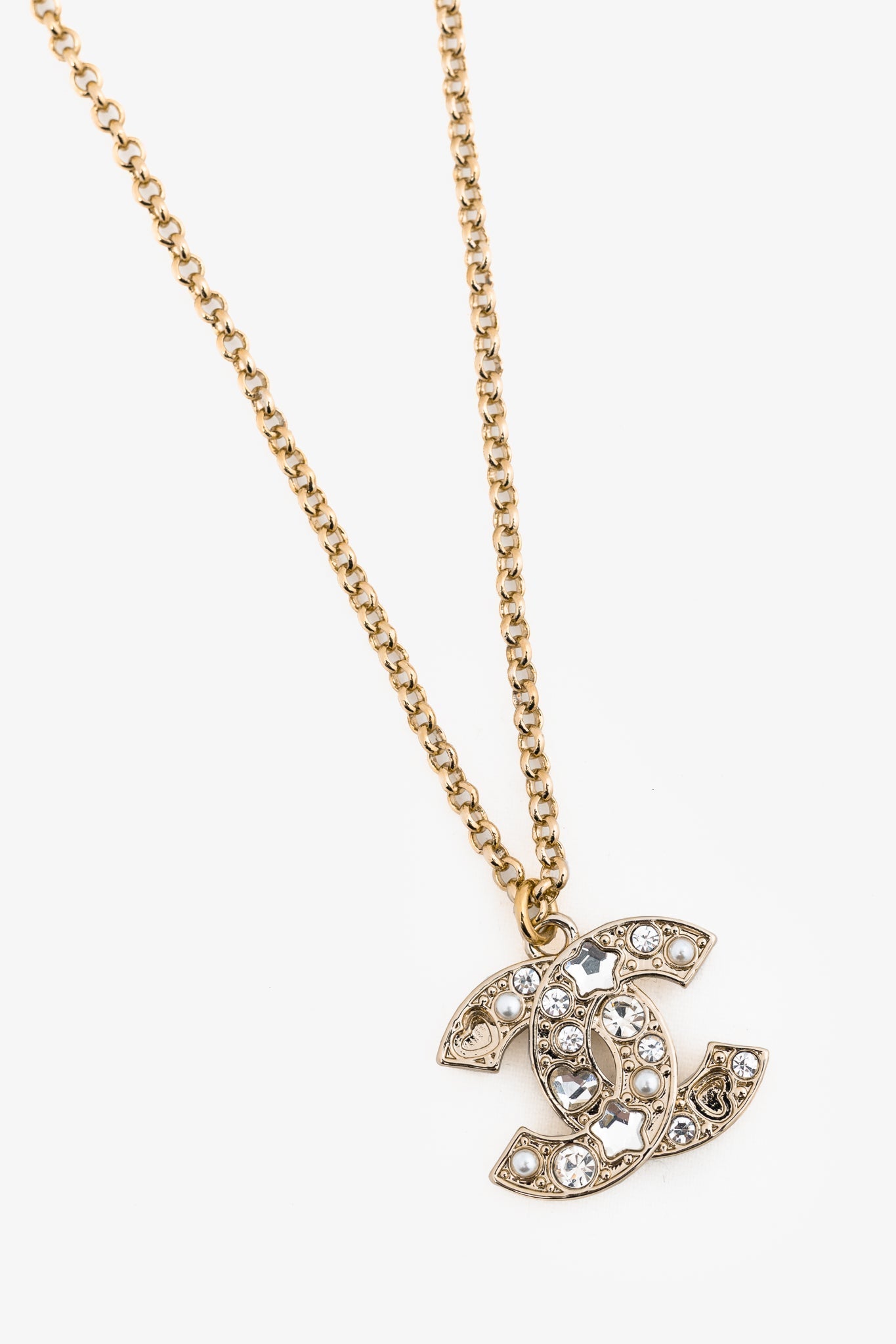 Chanel P25 Light-Gold-Tone Crystal & Pearl Cc Logo Necklace