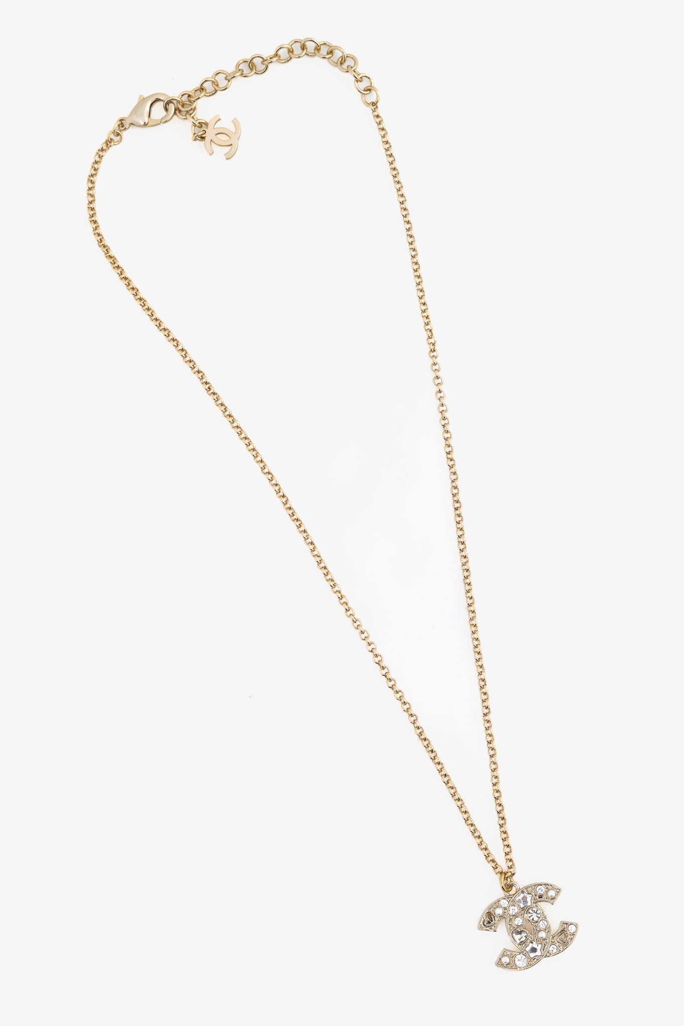 Chanel P25 Light-Gold-Tone Crystal & Pearl Cc Logo Necklace