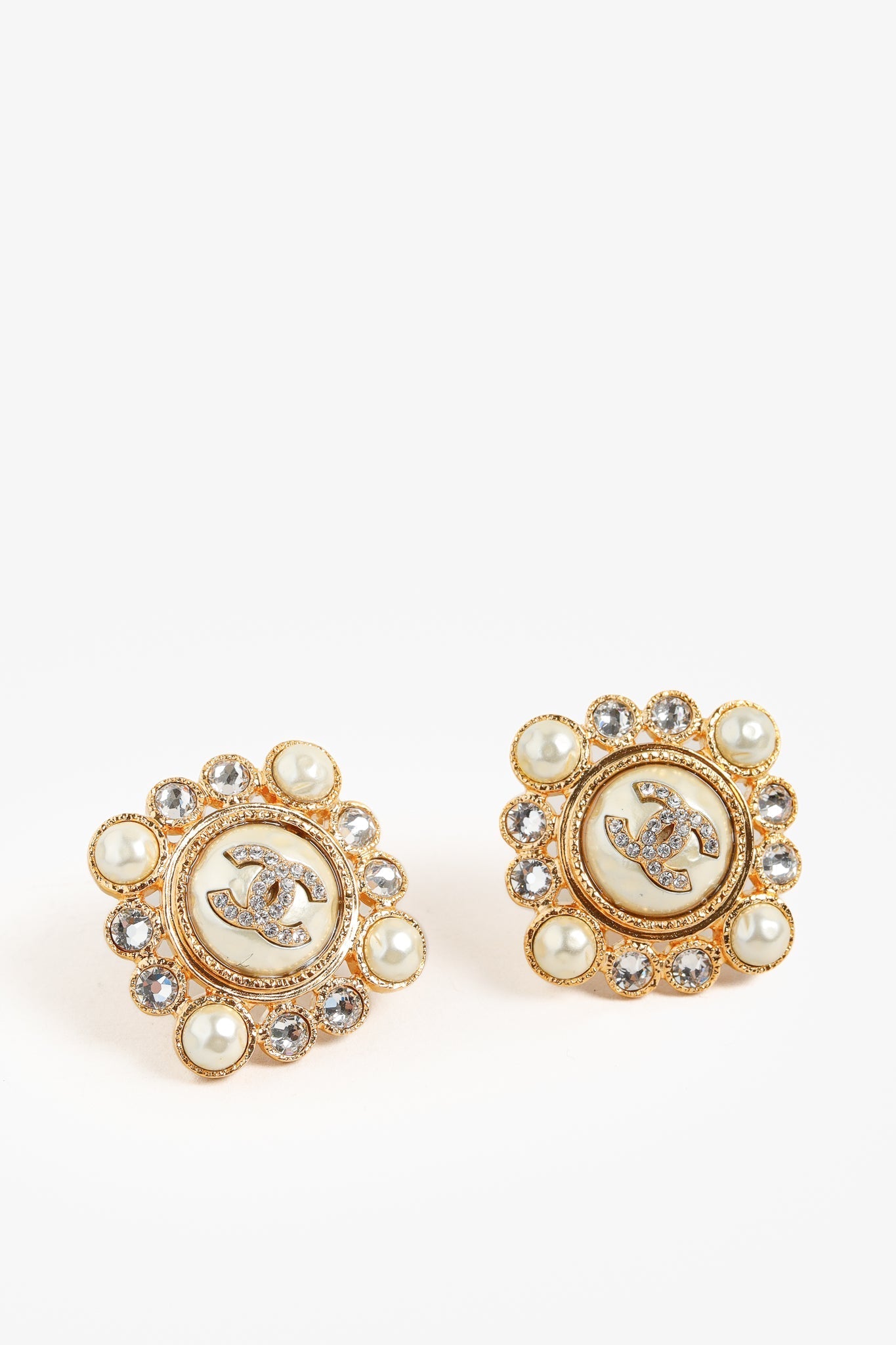 Chanel Gold Tone Crystal and Pearl Rhinestones Squared Halo Stud Earrings