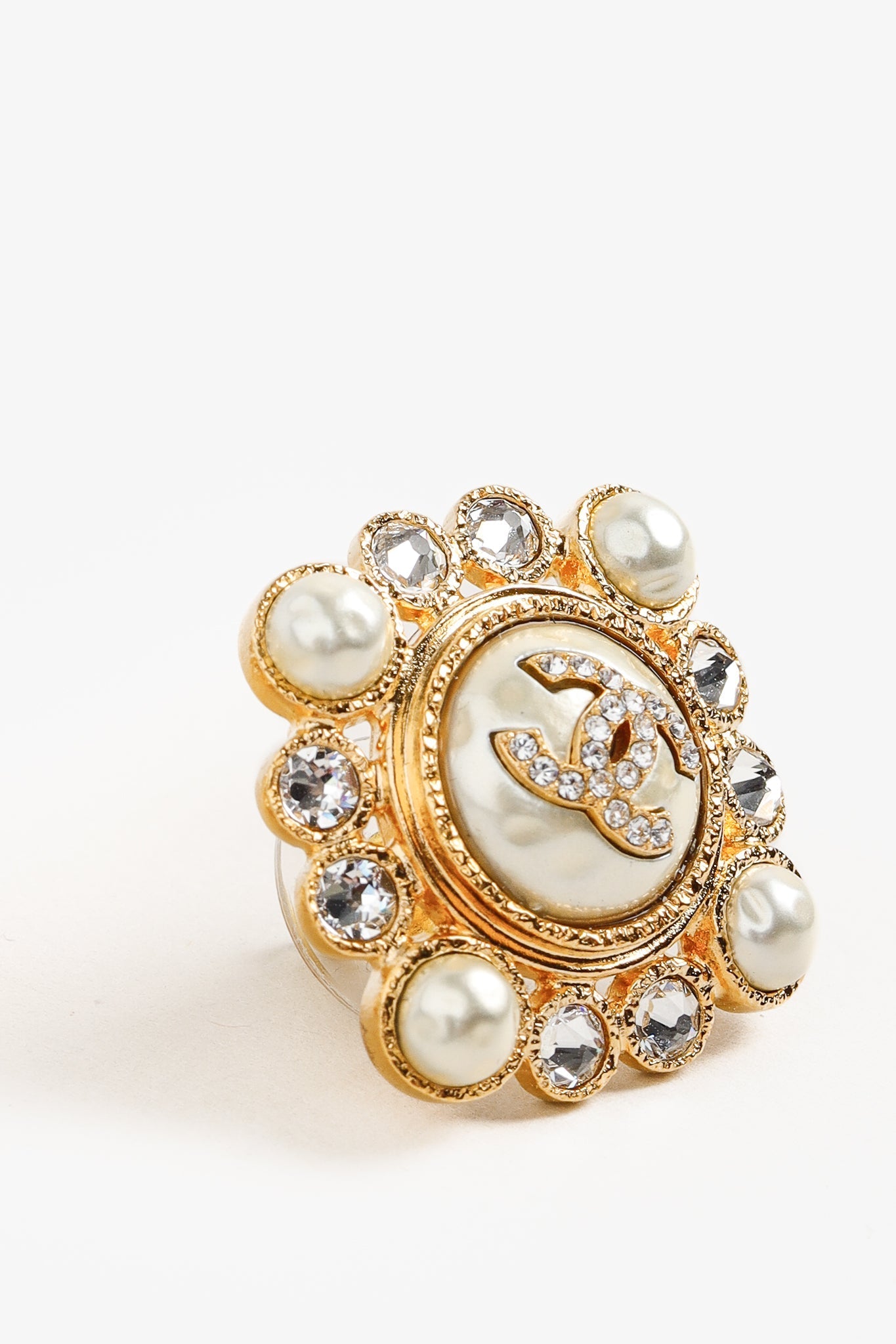 Chanel Gold Tone Crystal and Pearl Rhinestones Squared Halo Stud Earrings