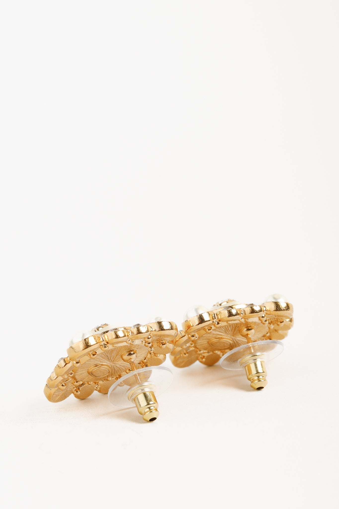 Chanel Gold-Tone Crystal and Pearl Rhinestones Squared Halo Stud Earrings