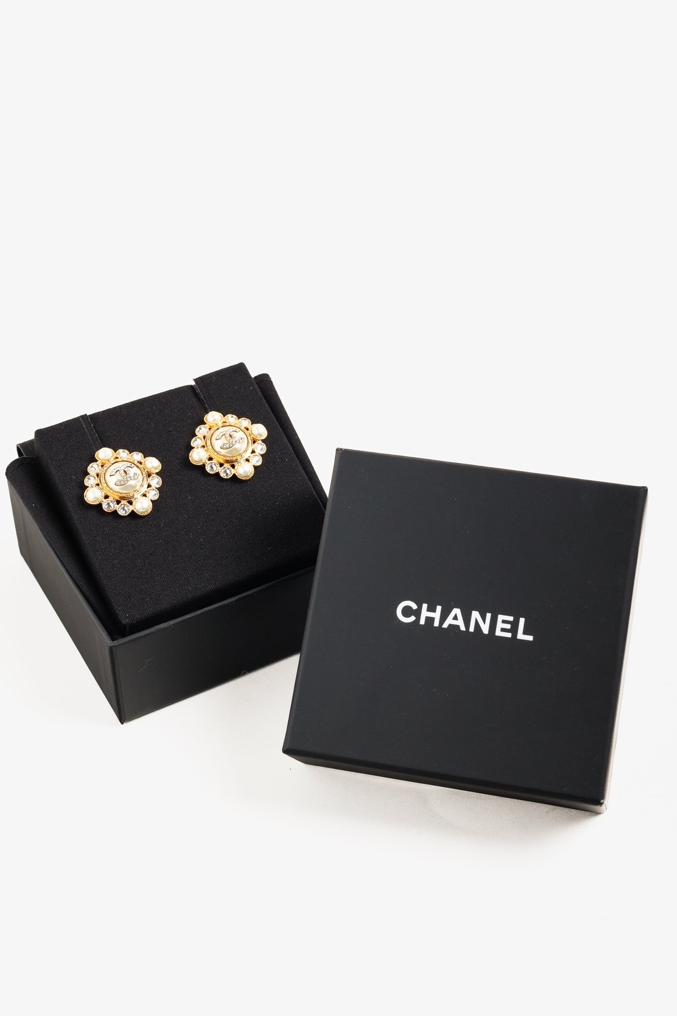 Chanel Gold Tone Crystal and Pearl Rhinestones Squared Halo Stud Earrings