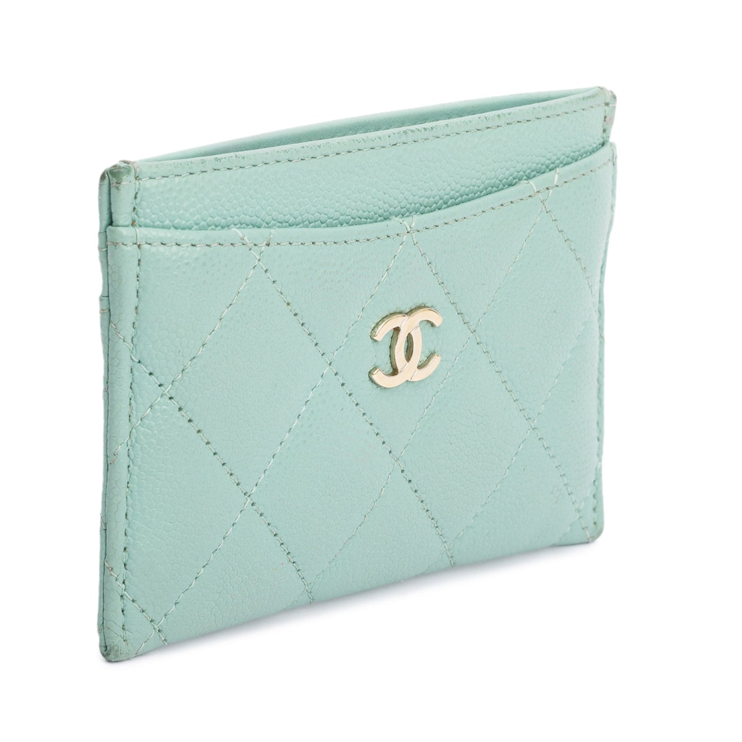 Chanel Caviar Classic Card Holder Leather Green Wallet Case