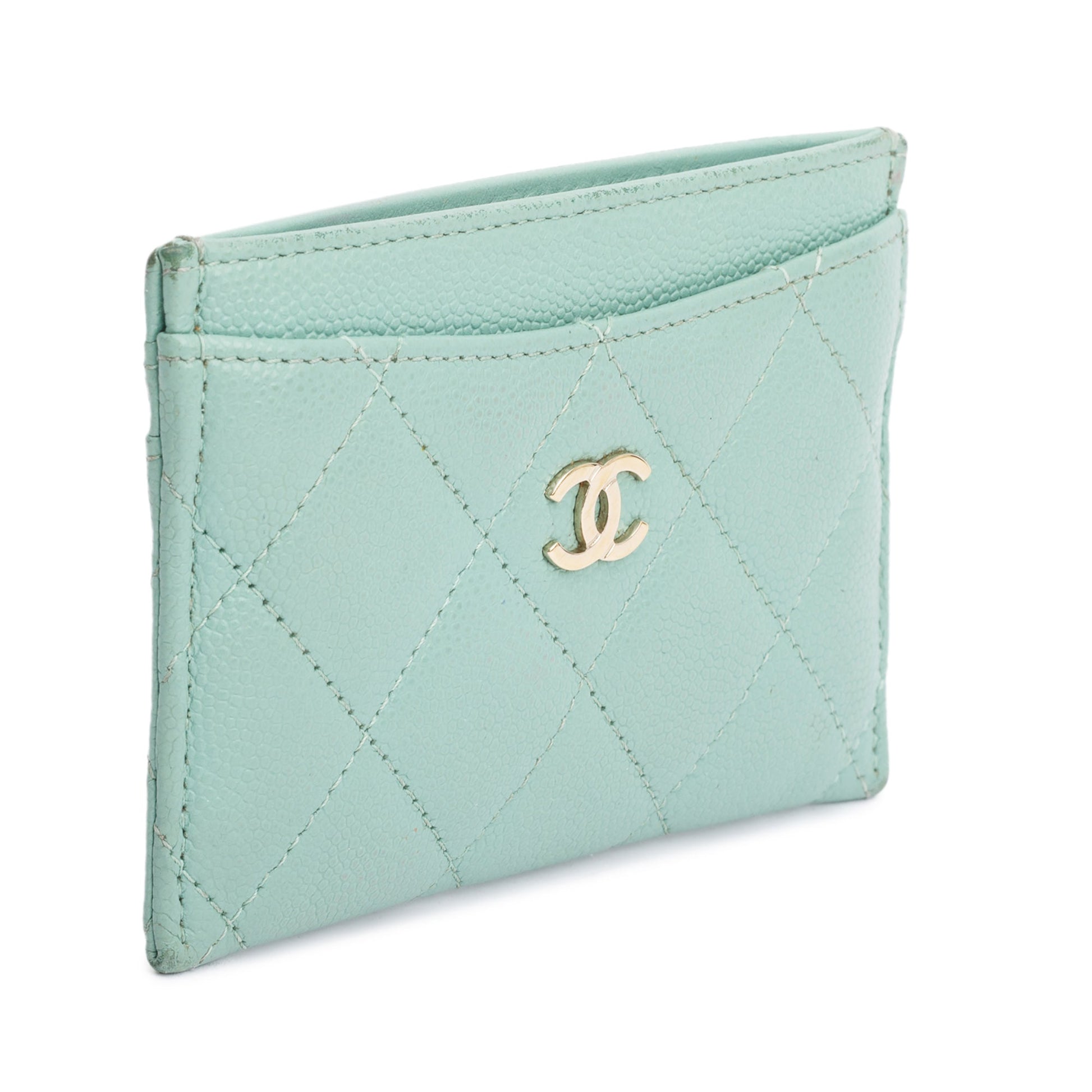 Chanel Caviar Classic Card Holder Leather Green Wallet Case