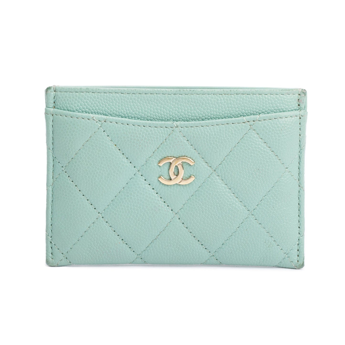Chanel Caviar Classic Card Holder Leather Green Wallet Case