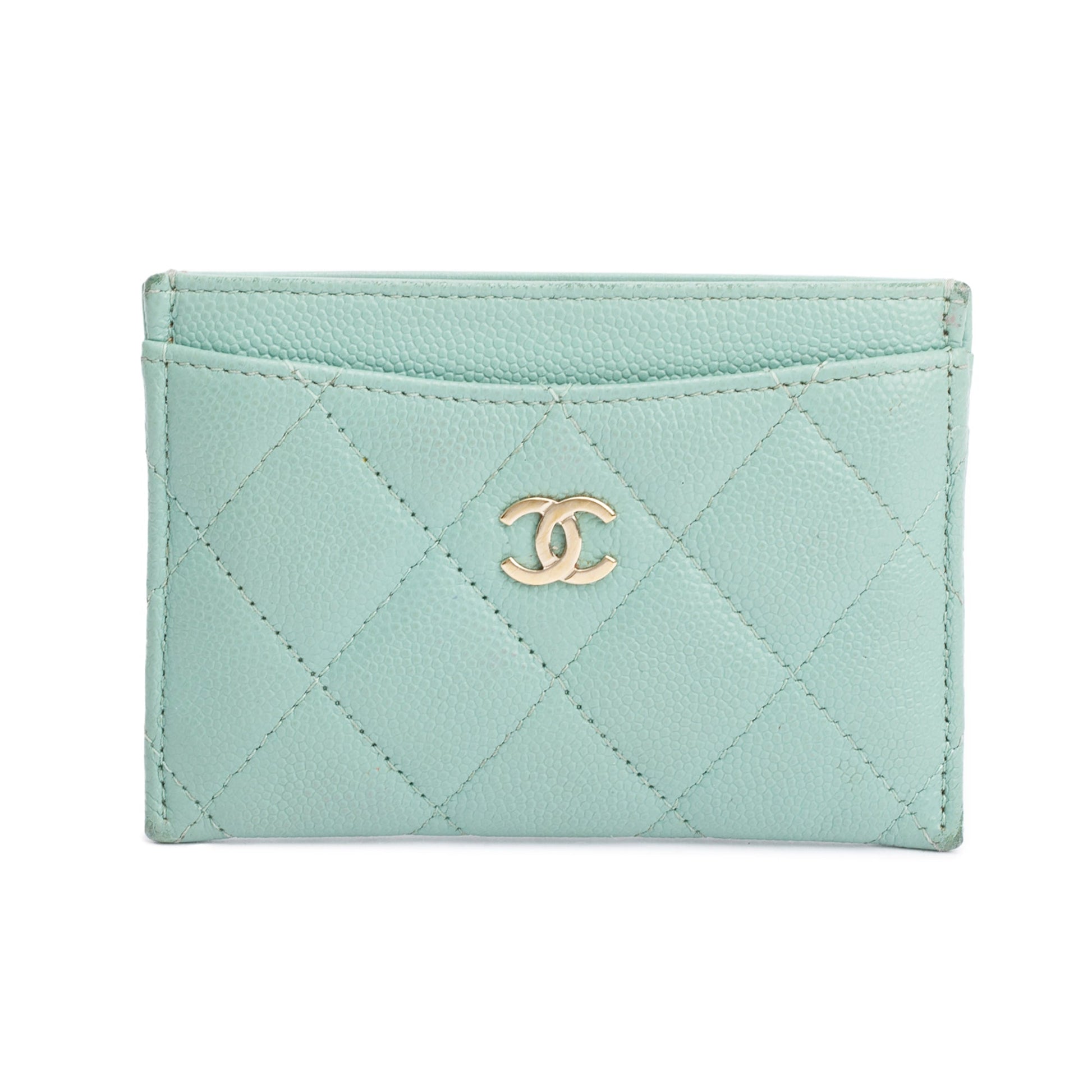 Chanel Caviar Classic Card Holder Leather Green Wallet Case
