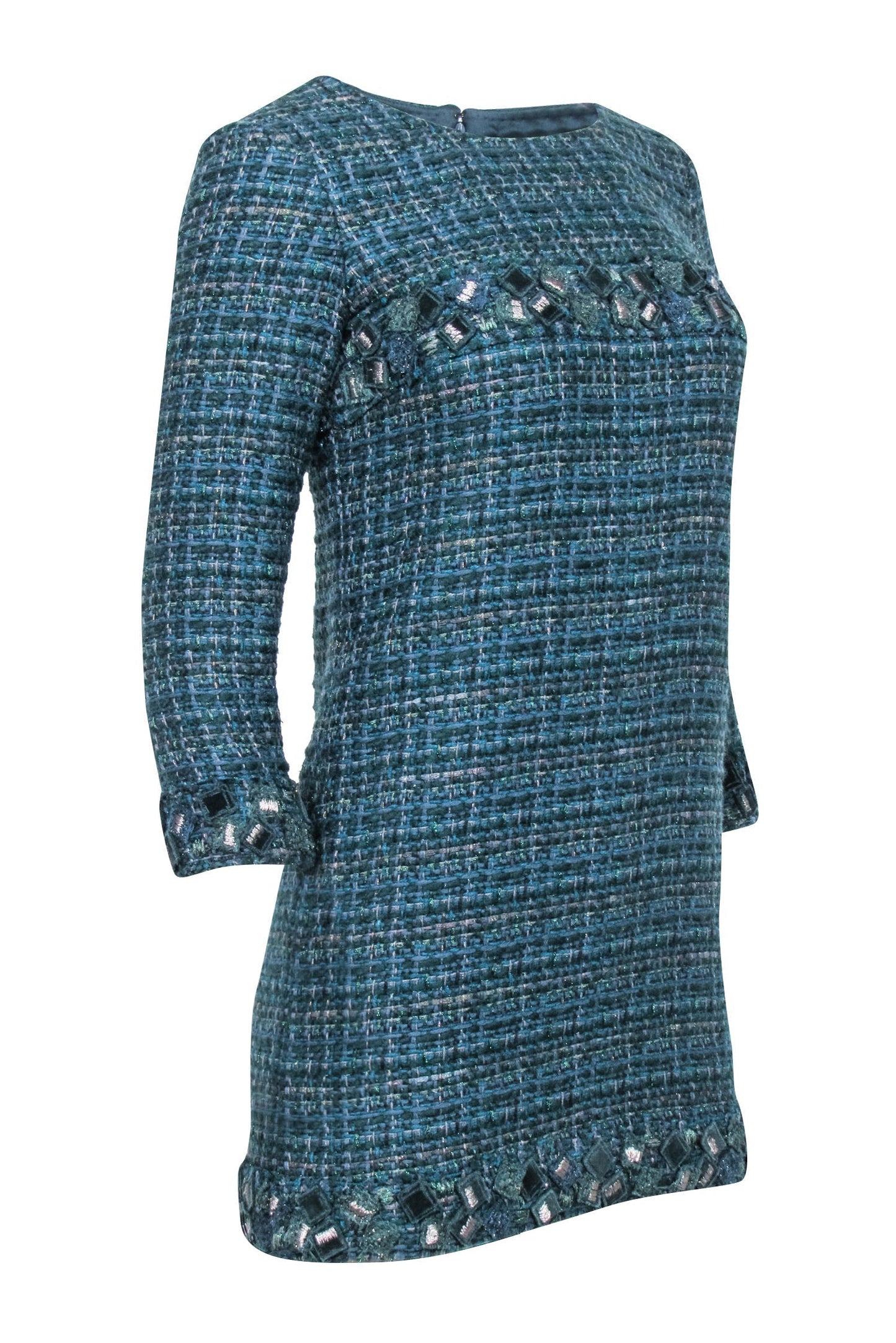 Chanel - Green Tweed Long Sleeve Shift Dress Sz