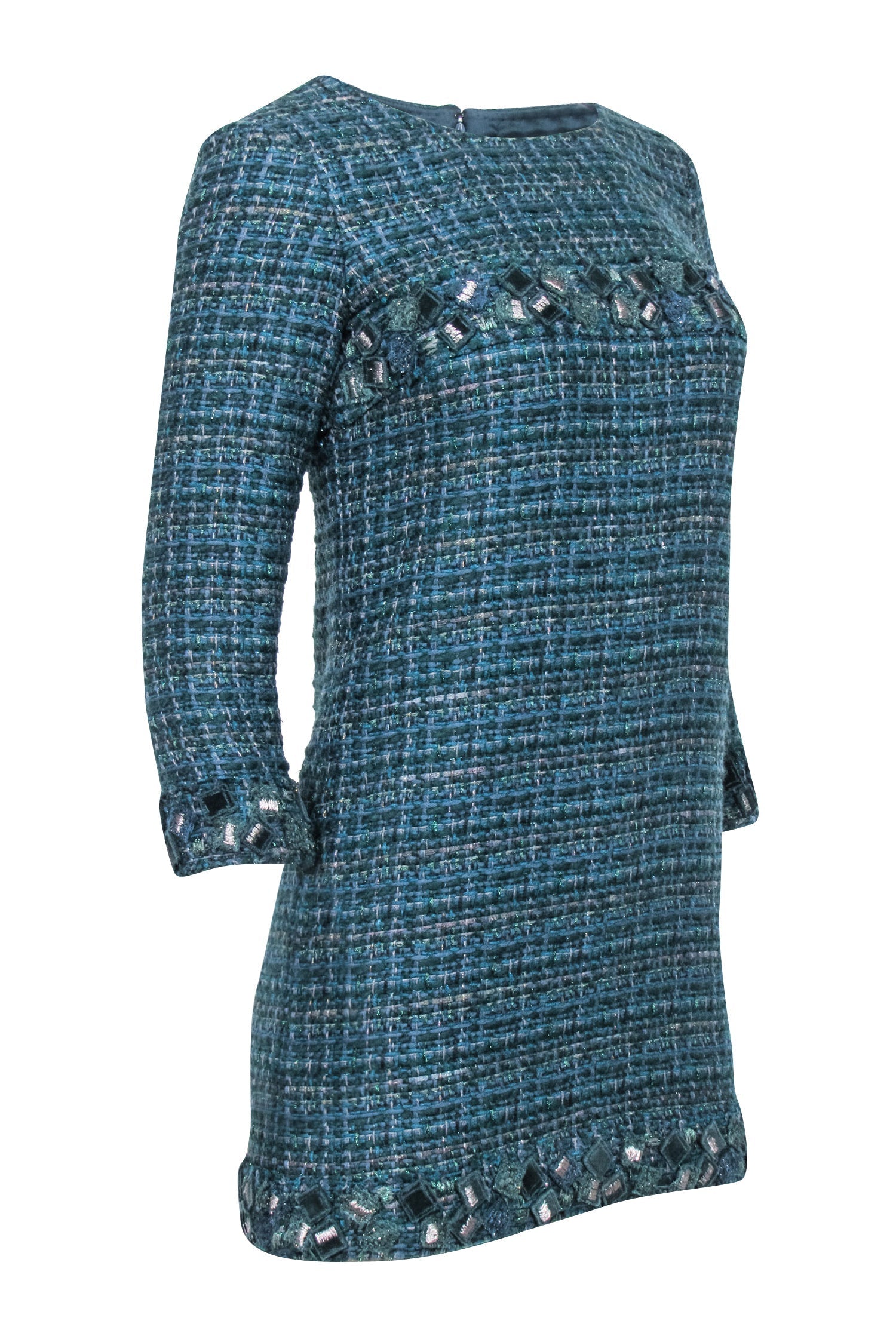 Chanel - Green Tweed Long Sleeve Shift Dress Sz