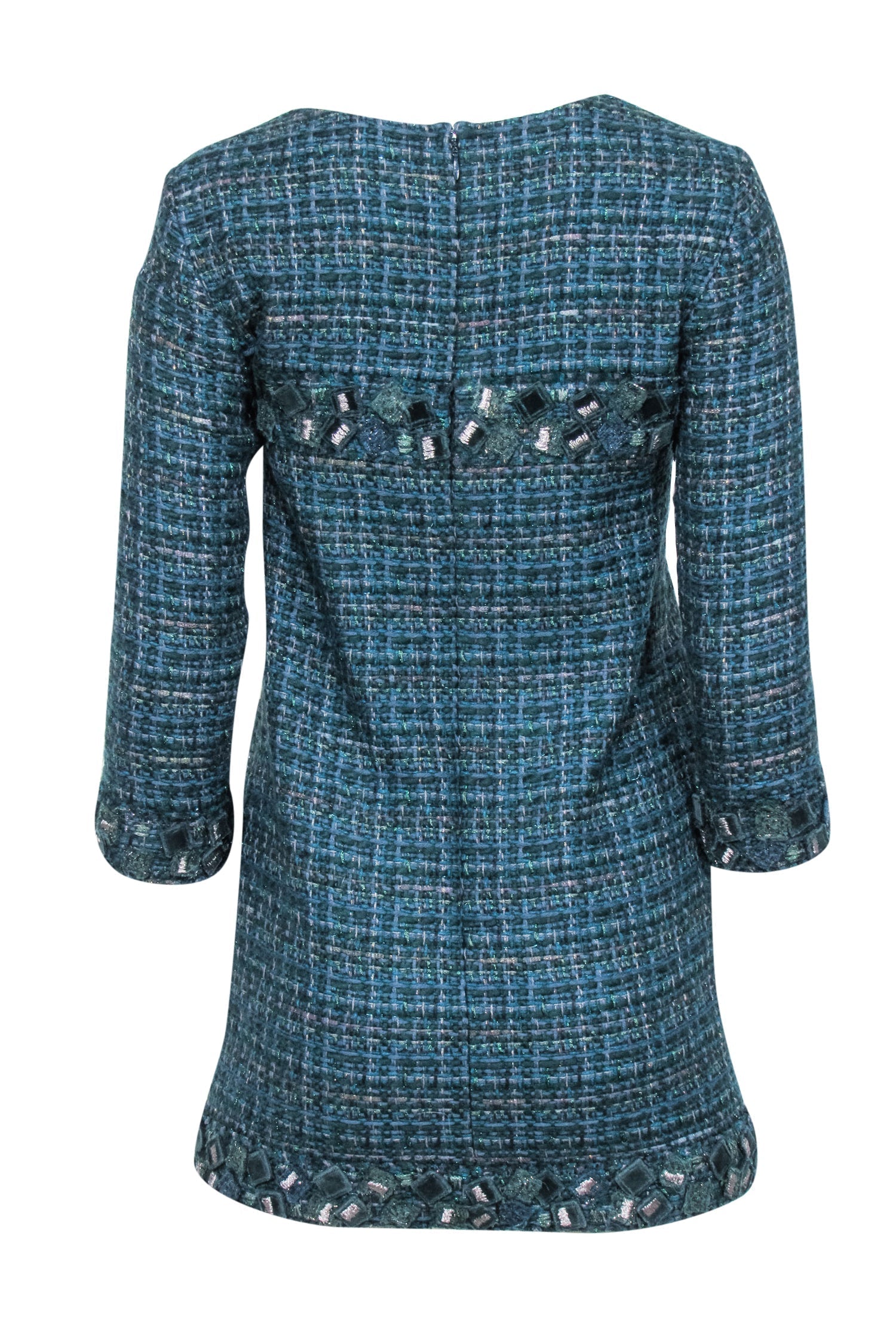 Chanel - Green Tweed Long Sleeve Shift Dress Sz