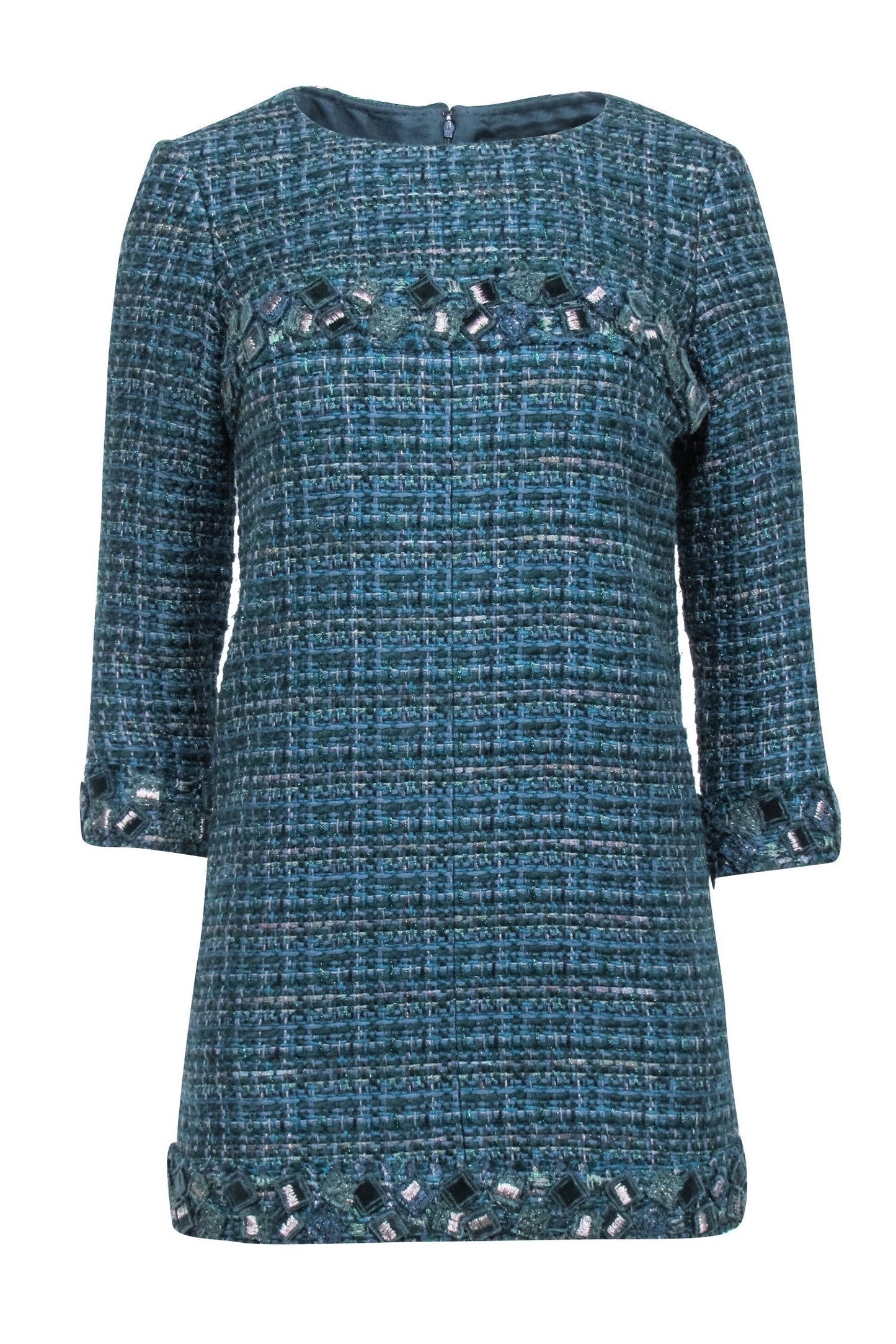 Chanel - Green Tweed Long Sleeve Shift Dress Sz