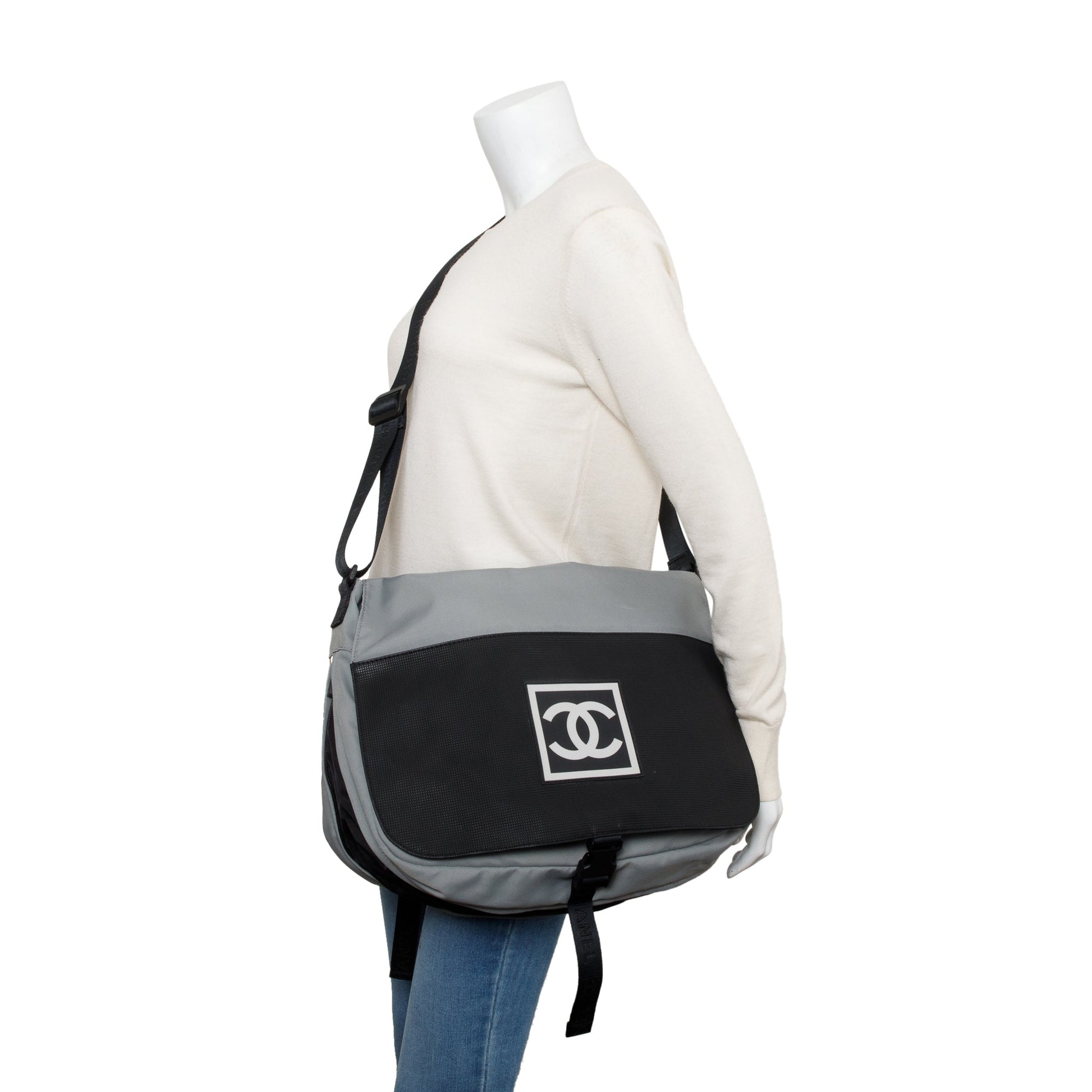 Chanel & Nylon Interlocking CC Logo Black Grey Travel Bag