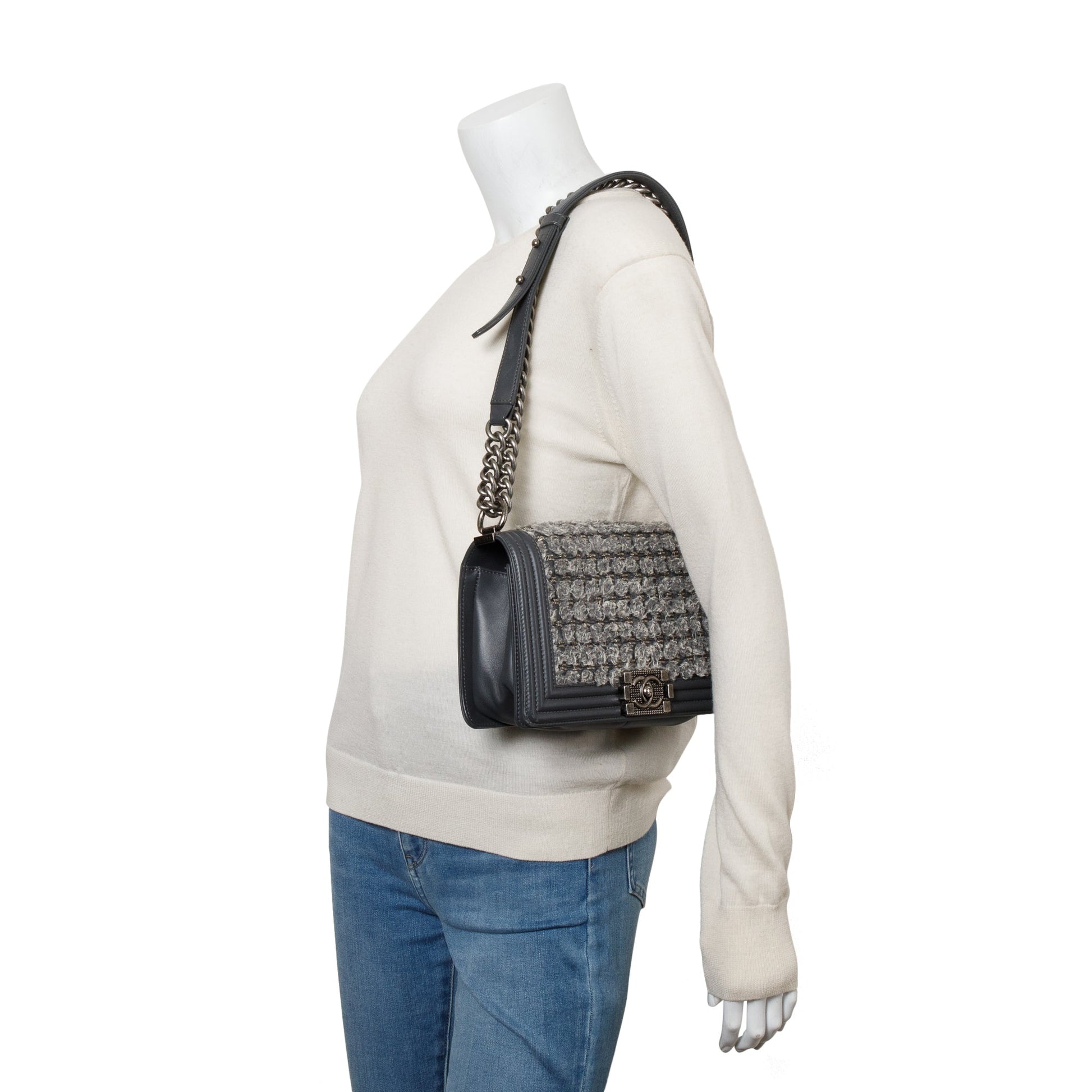 Chanel Braided Tweed Old Boy Leather Calfskin Grey Travel Bag
