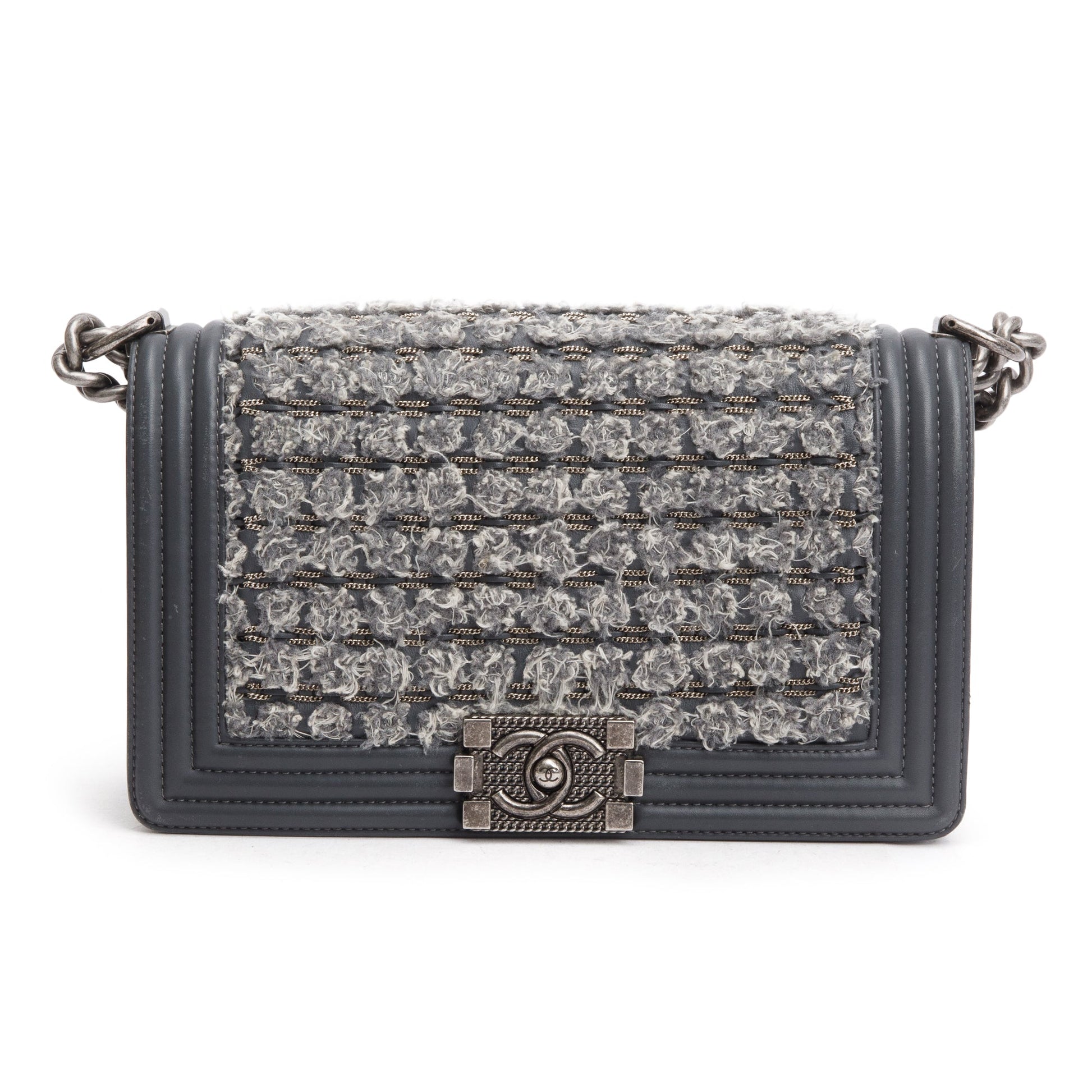 Chanel Braided Tweed Old Boy Leather Calfskin Grey Travel Bag