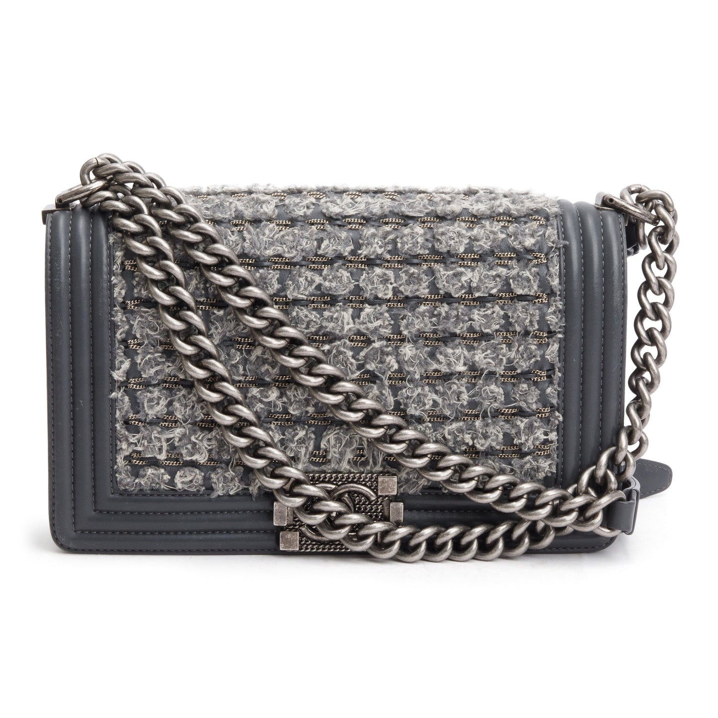 Chanel Braided Tweed Old Boy Leather Calfskin Grey Travel Bag