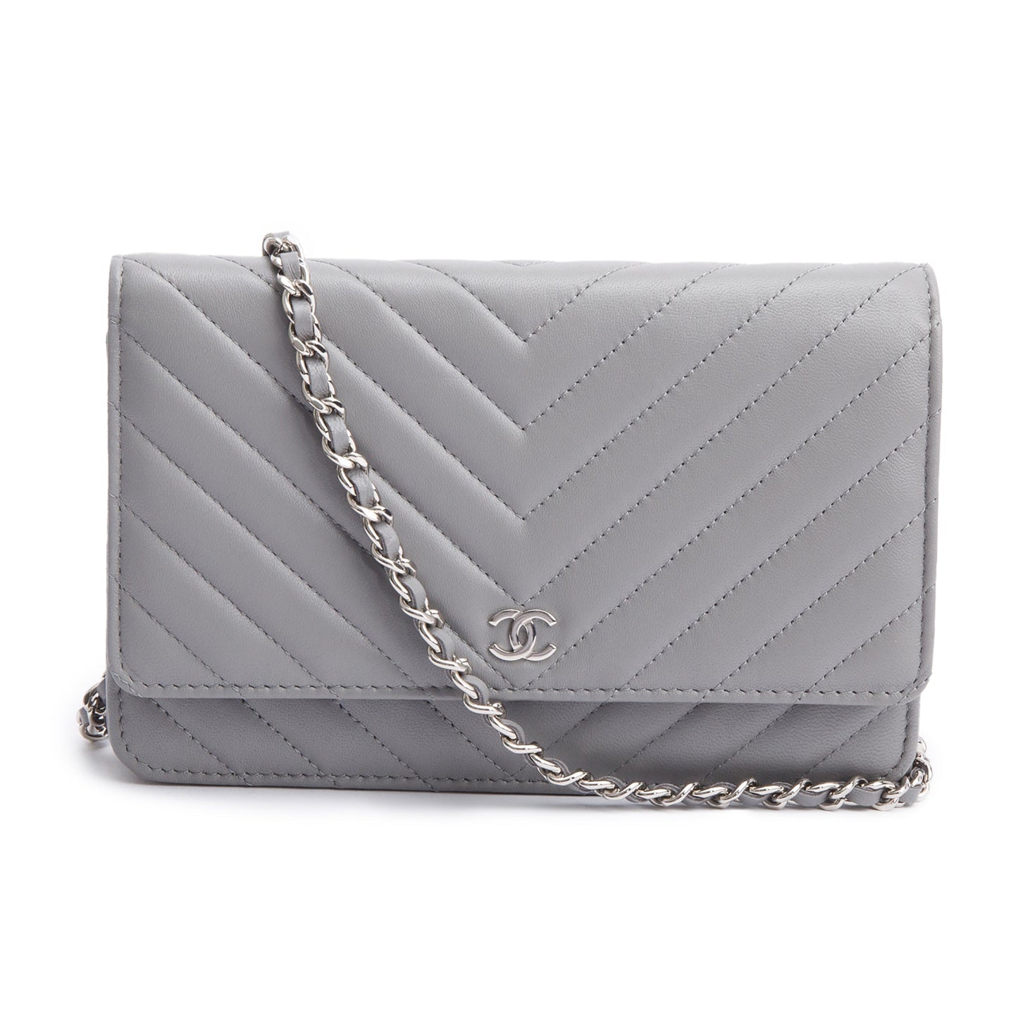 Chanel Chevron Classic on Leather Lambskin Grey Wallet Case