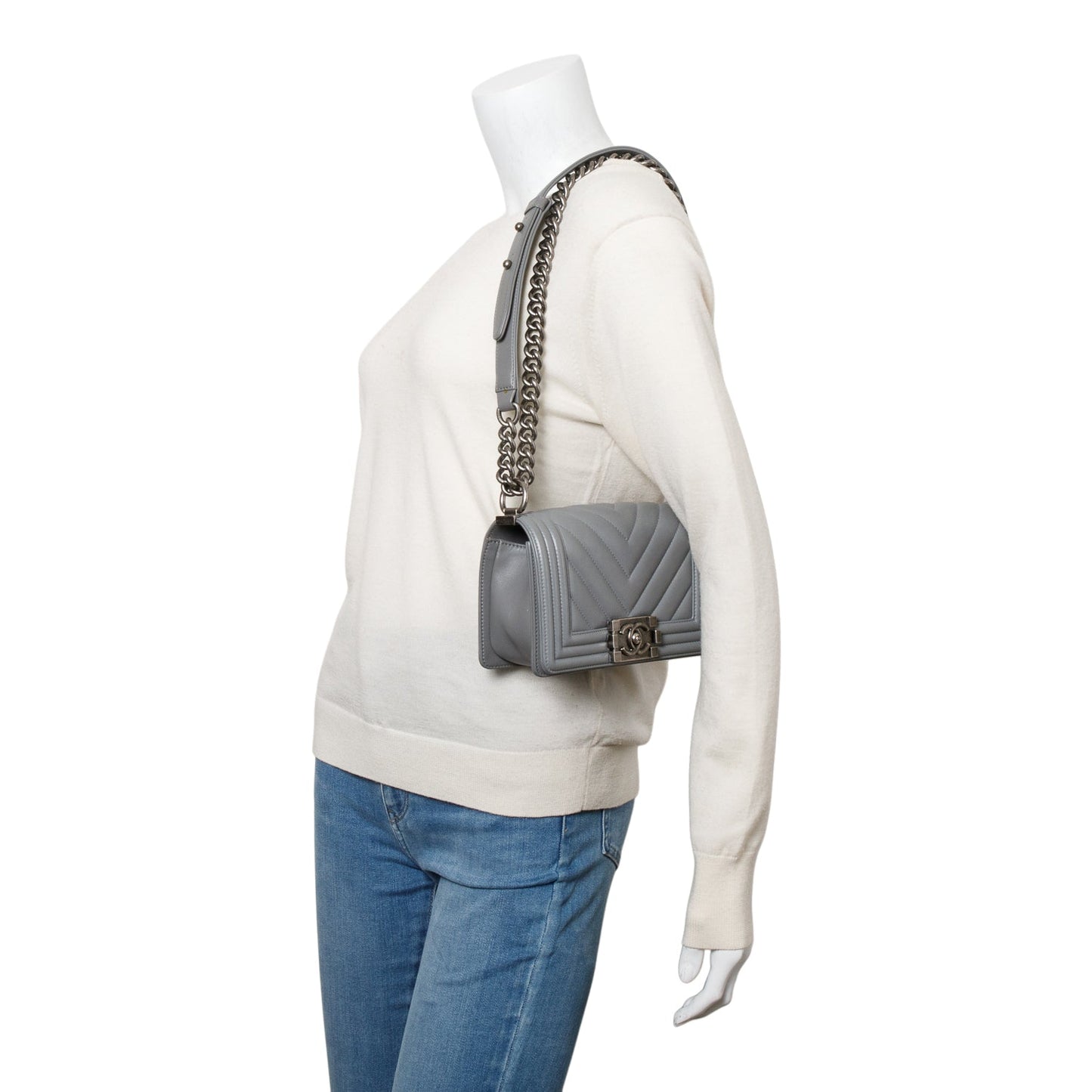 Chanel Chevron Quilted Boy Leather Calfskin Grey Travel Bag