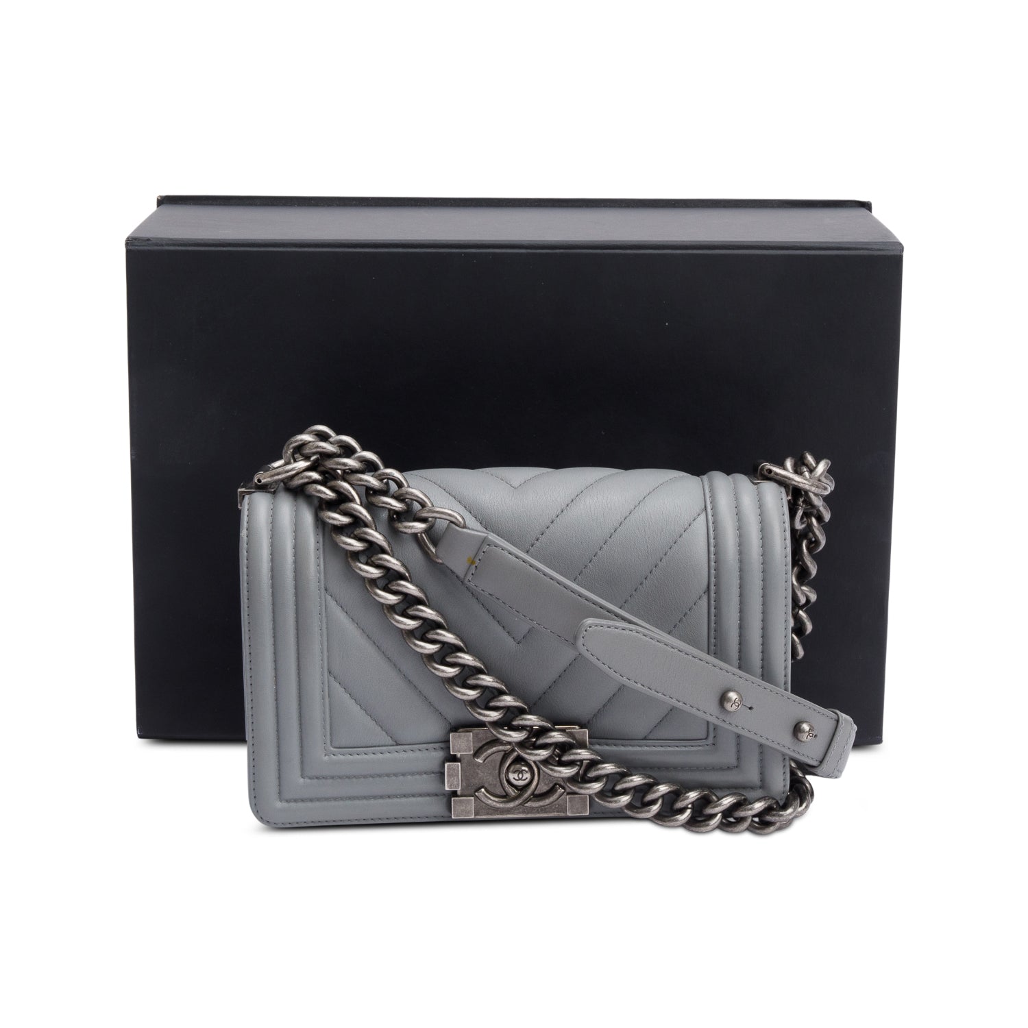 Chanel Chevron Quilted Boy Leather Calfskin Grey Travel Bag
