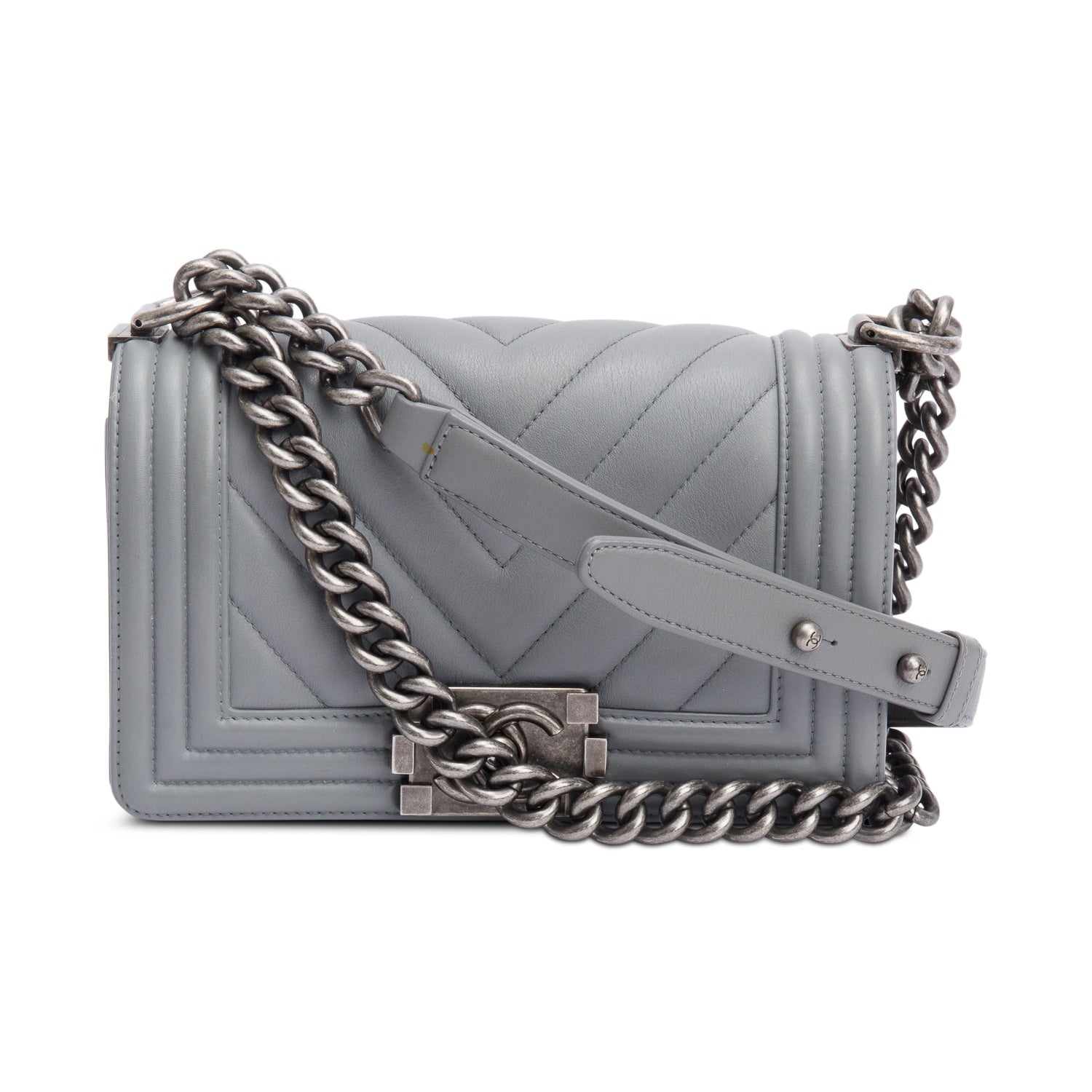 Chanel Chevron Quilted Boy Leather Calfskin Grey Travel Bag