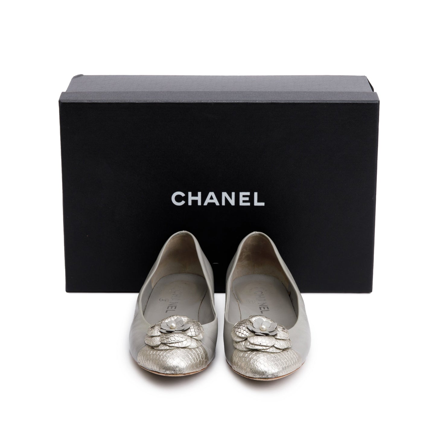 Louis Vuitton Chanel Python Trim CC Camellia Leather Silver Grey Shoes