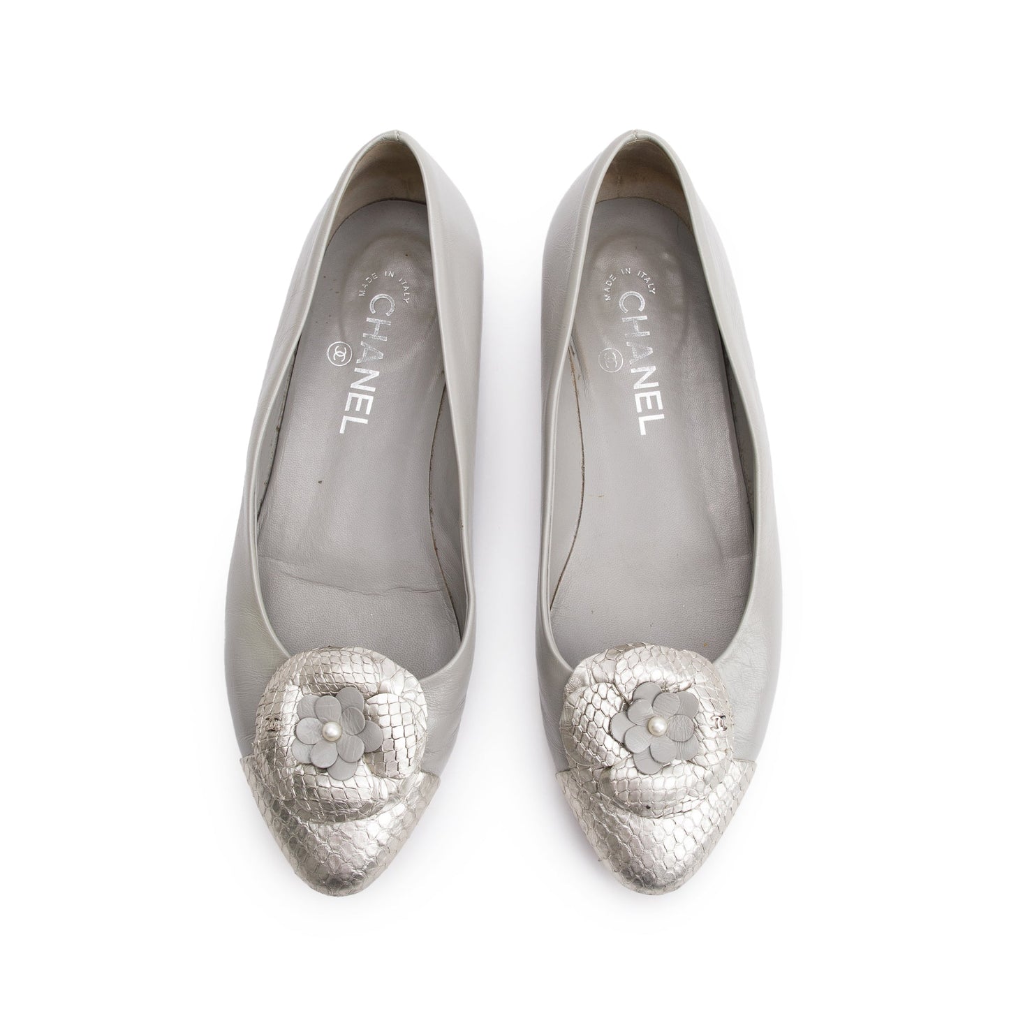 Louis Vuitton Chanel Python Trim CC Camellia Leather Silver Grey Shoes