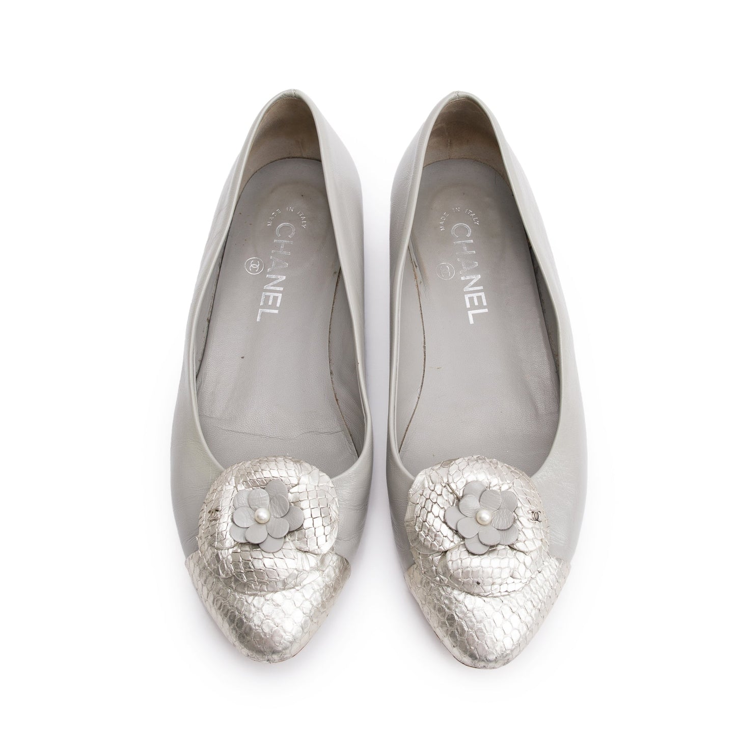 Louis Vuitton Chanel Python Trim CC Camellia Leather Silver Grey Shoes