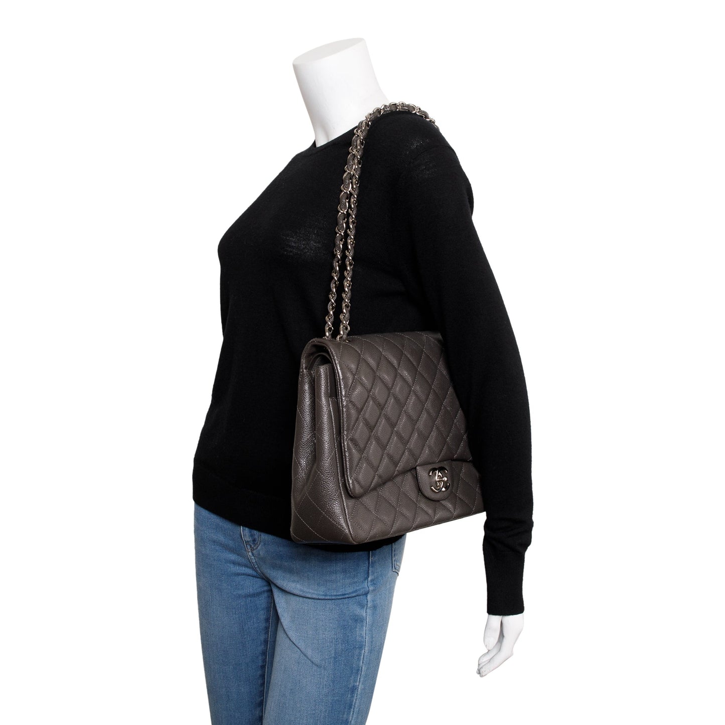 Chanel Quilted Caviar Classic Maxi Double Leather Grey Travel Bag