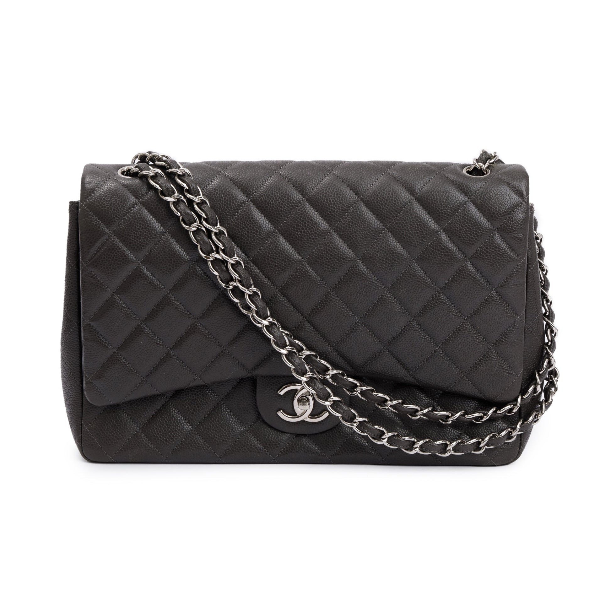Chanel Quilted Caviar Classic Maxi Double Leather Grey Travel Bag