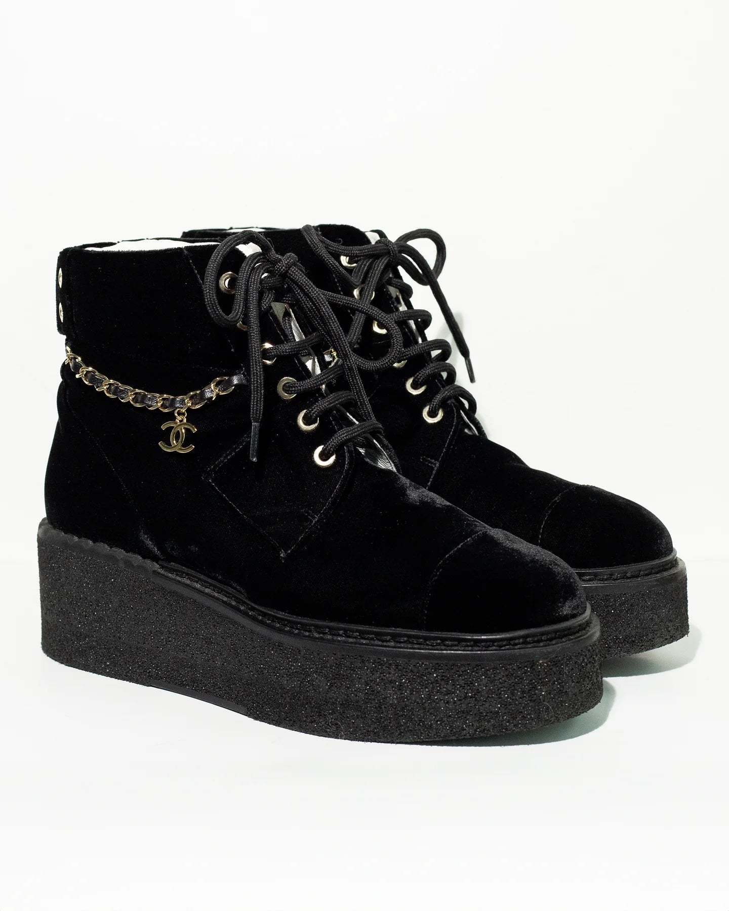 CHANEL CC VELVET LACE-UP CHAIN COMBAT BOOTS