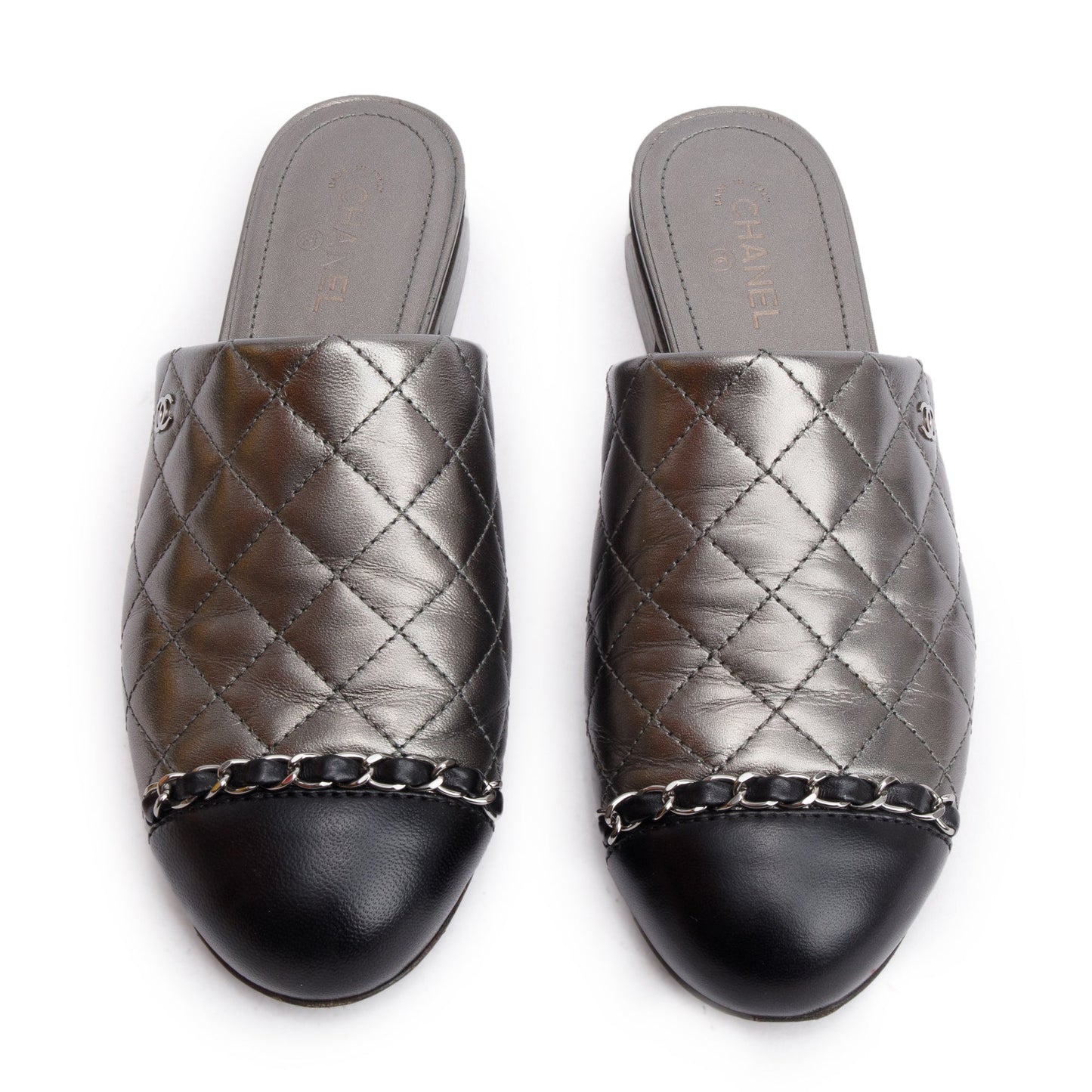 Louis Vuitton Chanel Iridescent Quilted Interlocking CC Leather Calfskin Silver Shoes