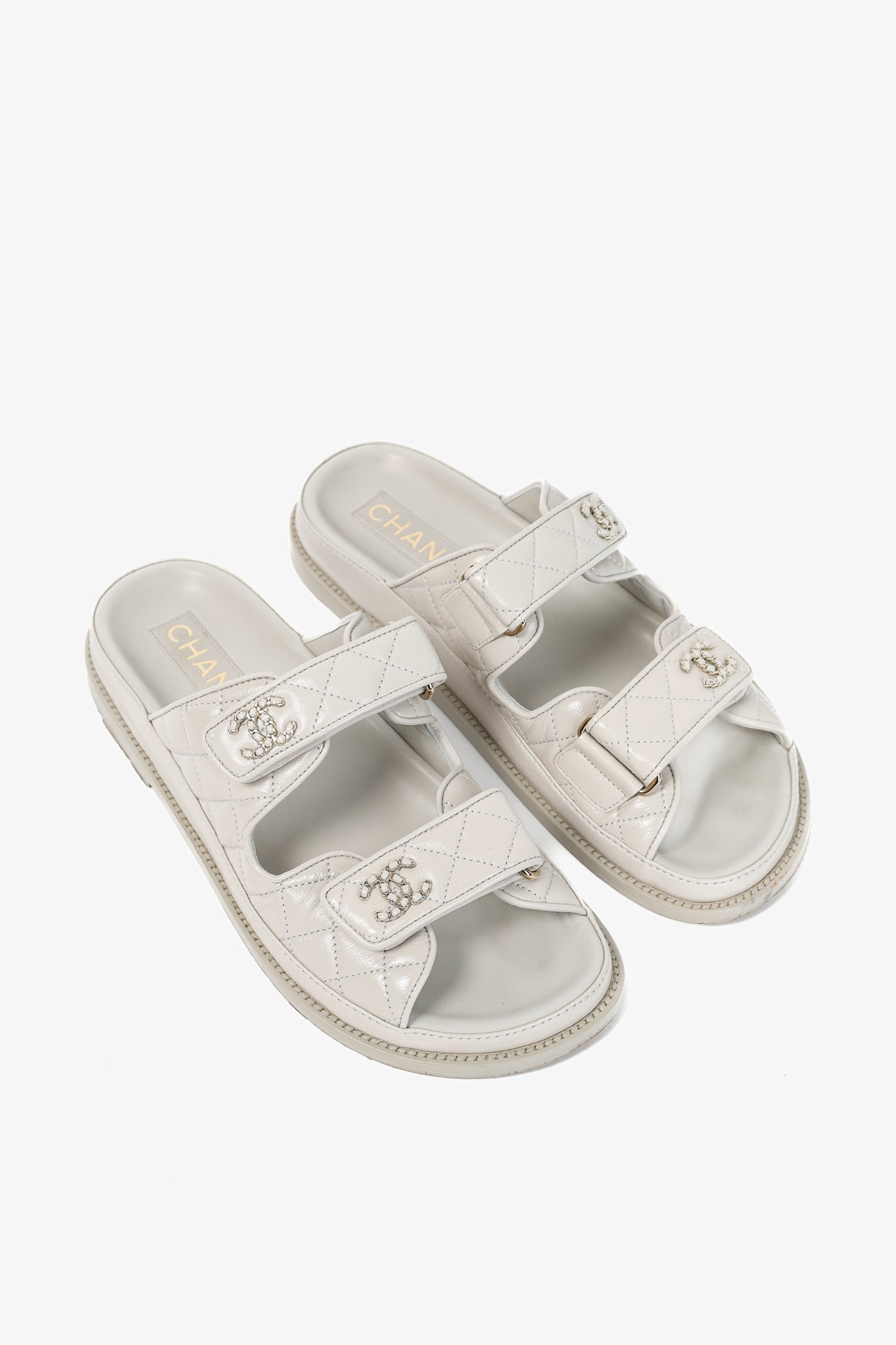 Chanel Light-Grey Lambskin Quilted Cc Chain Dad Sandals