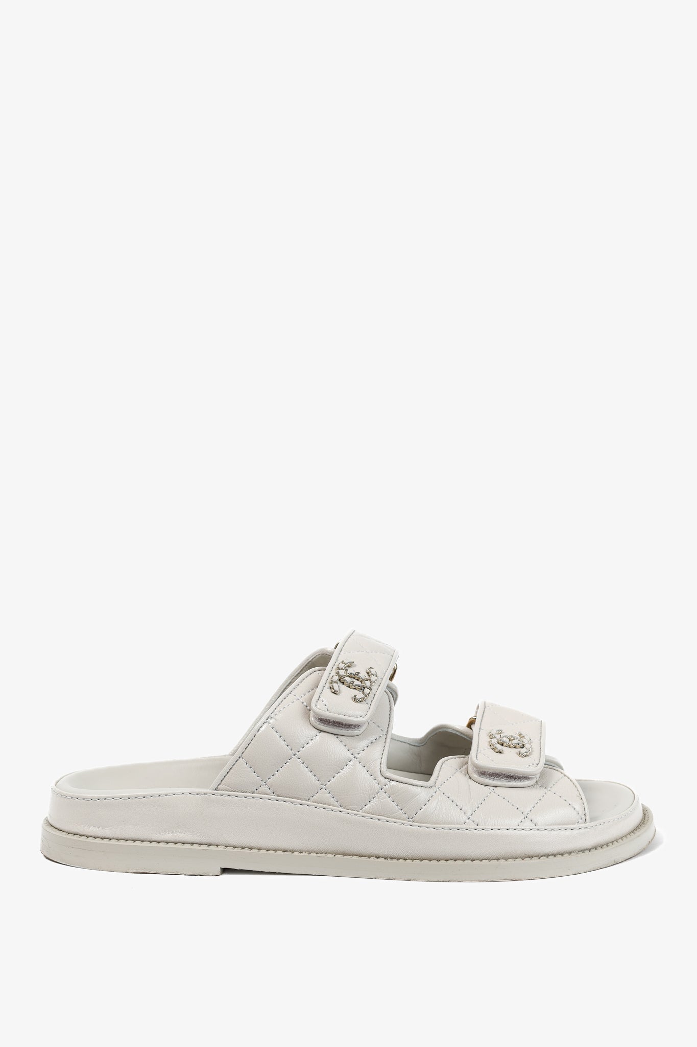 Chanel Light Grey Lambskin Quilted CC Chain Dad Sandals for Women