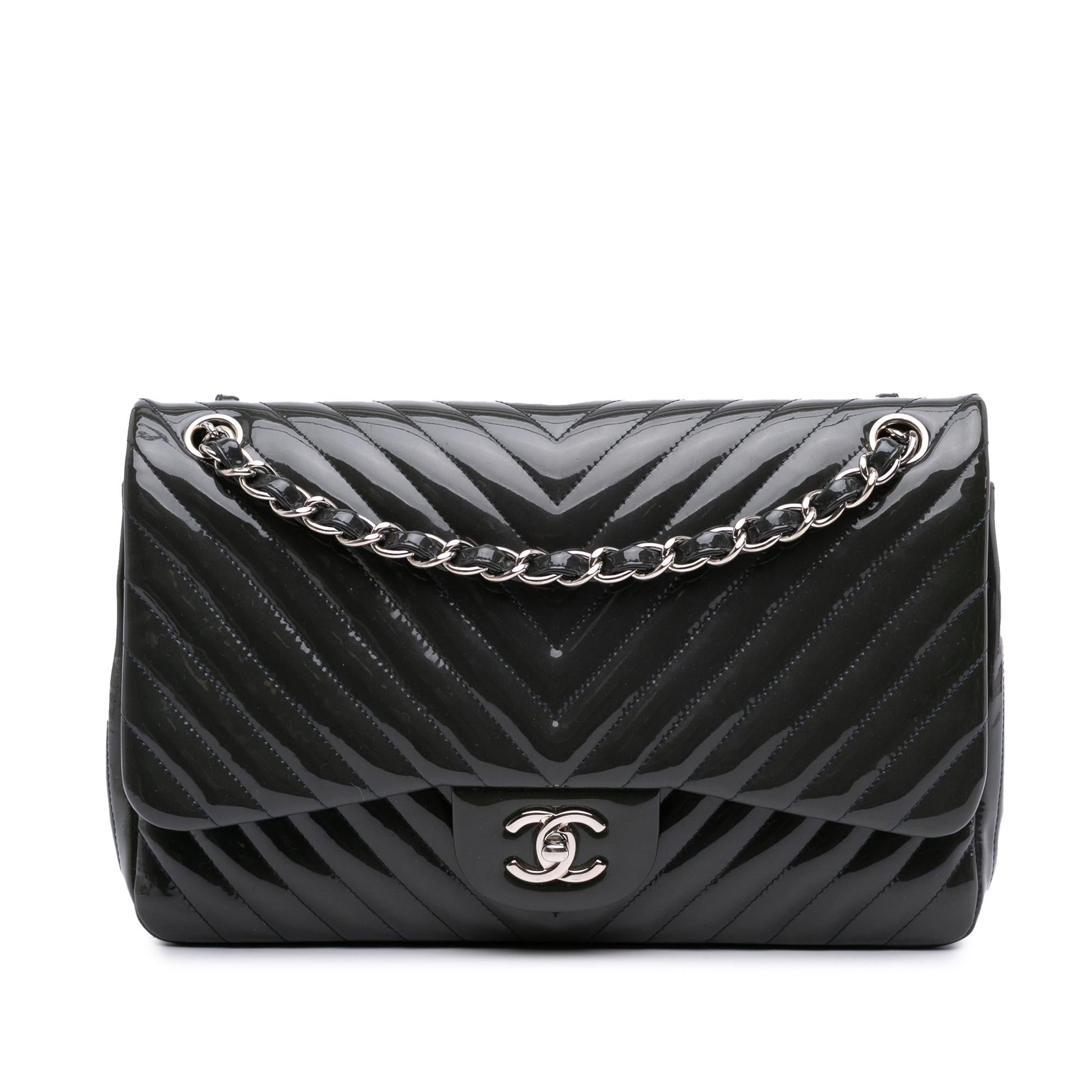 Chanel Jumbo Classic Chevron Patent Double Flap Handbag Flap 2