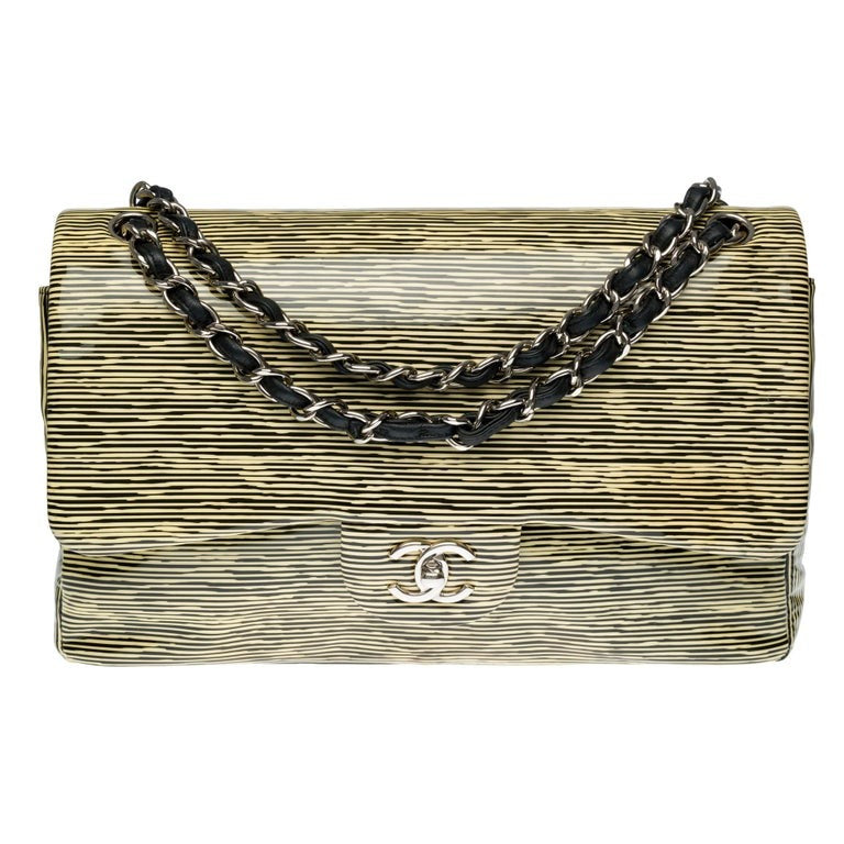 Chanel Patent Calfskin Striped Jumbo Double Flap Handbag
