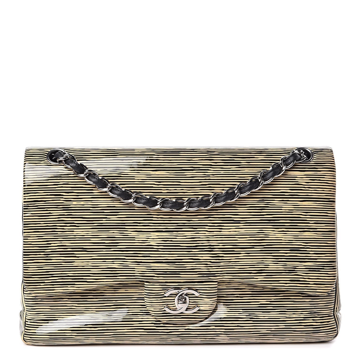 Chanel Patent Calfskin Striped Jumbo Double Flap Handbag