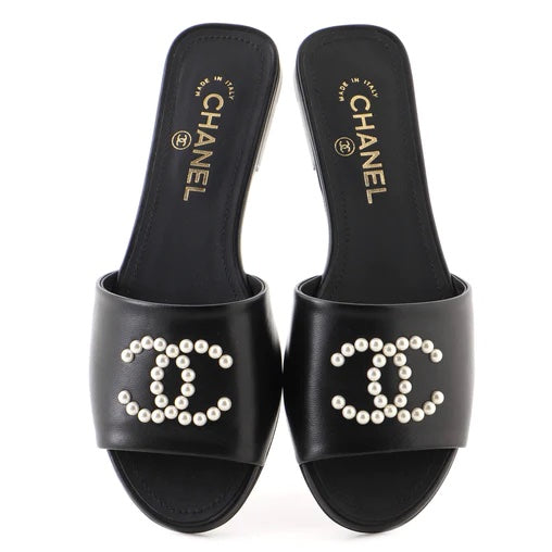 Chanel CC Faux Pearl Lambskin Slide Sandals for Women