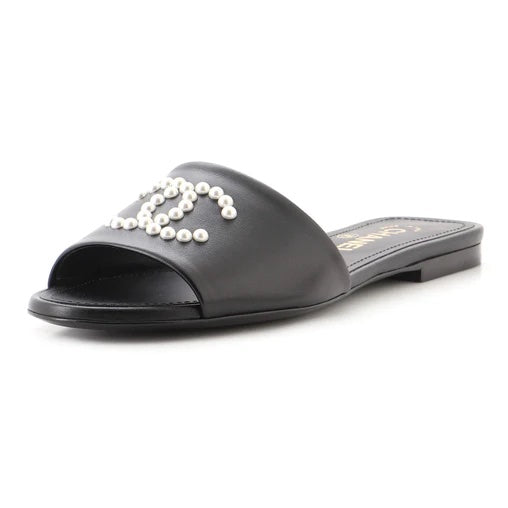 CHANEL CC FAUX PEARL LAMBSKIN SLIDE SANDALS