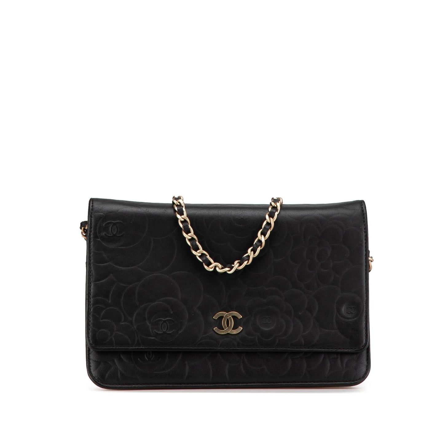 Chanel Lambskin Camellia Embossed On Wallet Case Chain 1