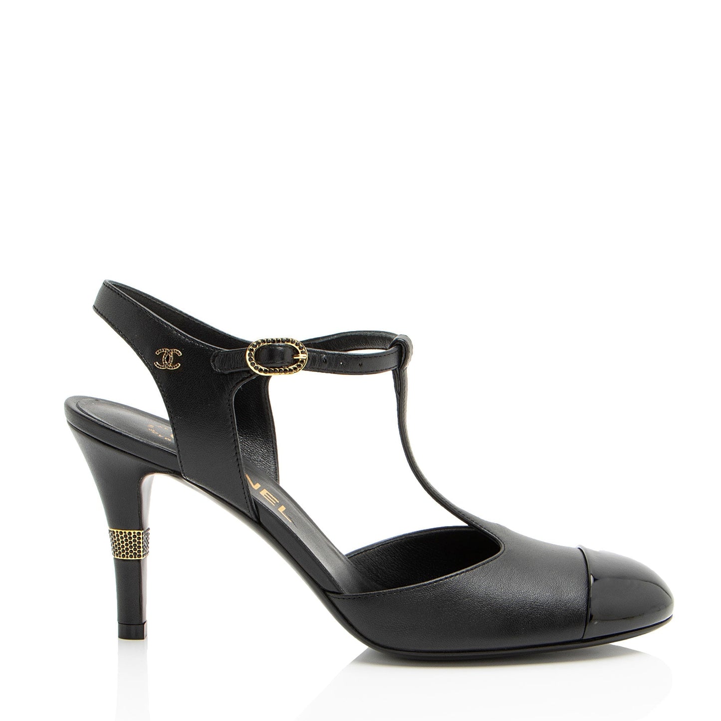 Chanel Lambskin Crystal CC Cap Toe T-Strap Pumps Denim Mini Shoes