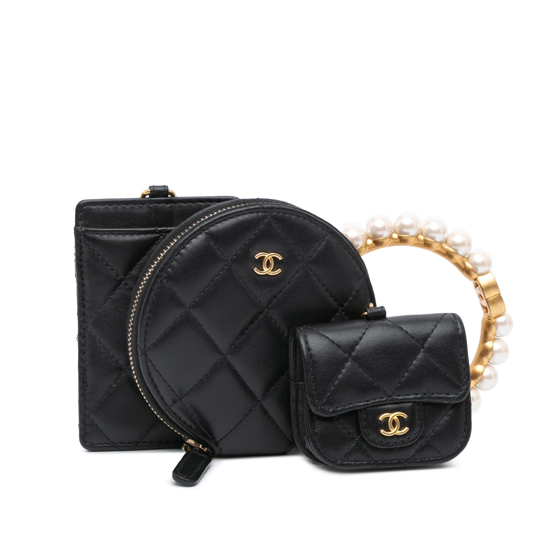 Chanel Lambskin Pearl Crown CC Wristlet Multi Handbag Pouches 1