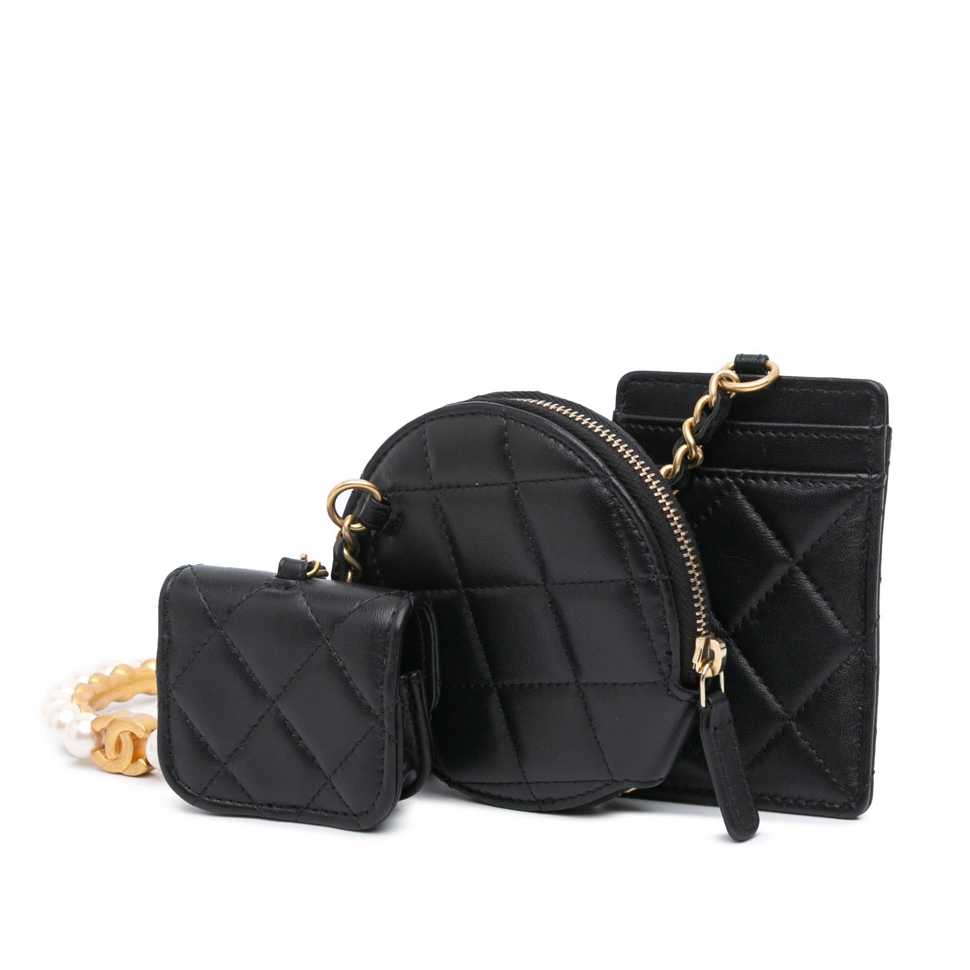 Chanel Lambskin Pearl Crown CC Wristlet Multi Handbag Pouches 1