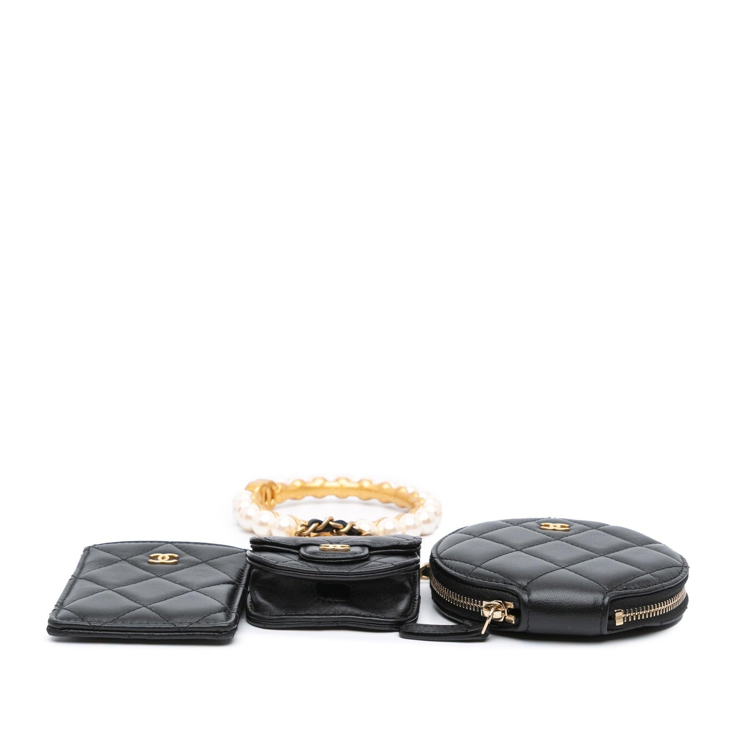 Chanel Lambskin Pearl Crown CC Wristlet Multi Handbag Multi Pouches