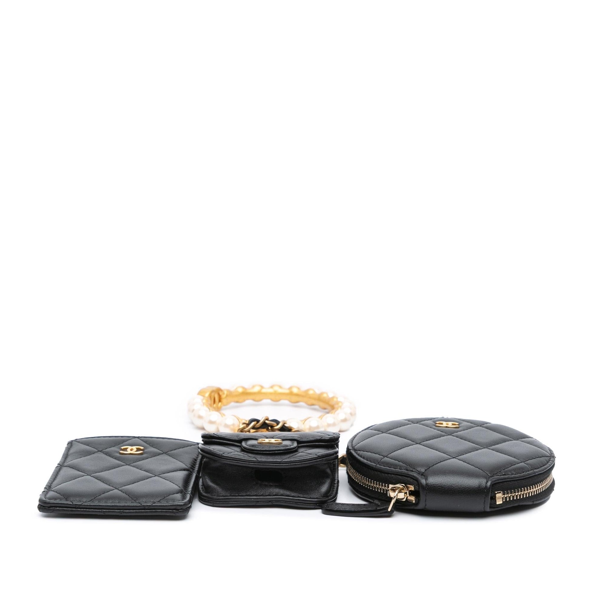 Chanel Lambskin Pearl Crown CC Wristlet Multi Handbag Multi Pouches