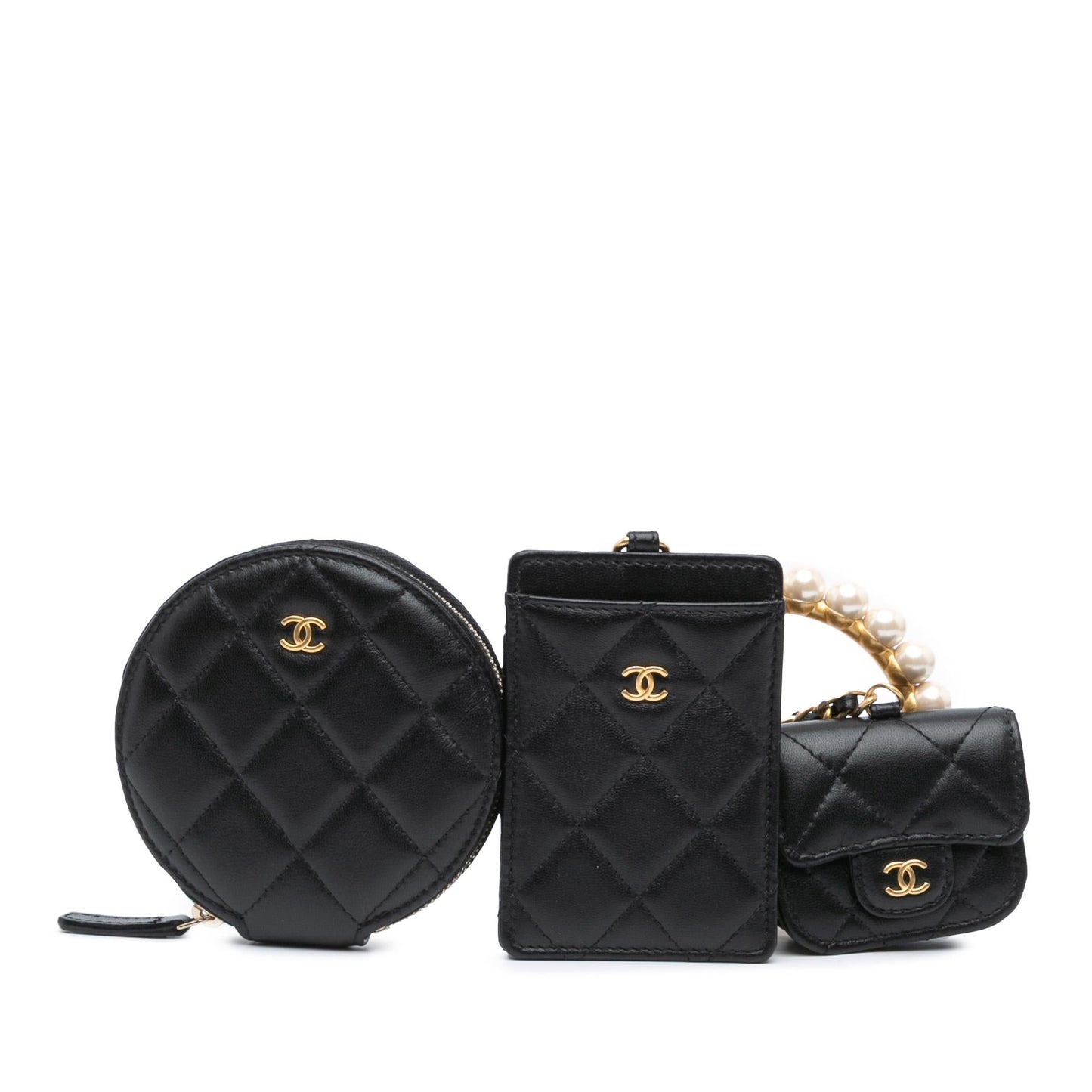 Chanel Lambskin Pearl Crown CC Wristlet Multi Handbag Multi Pouches