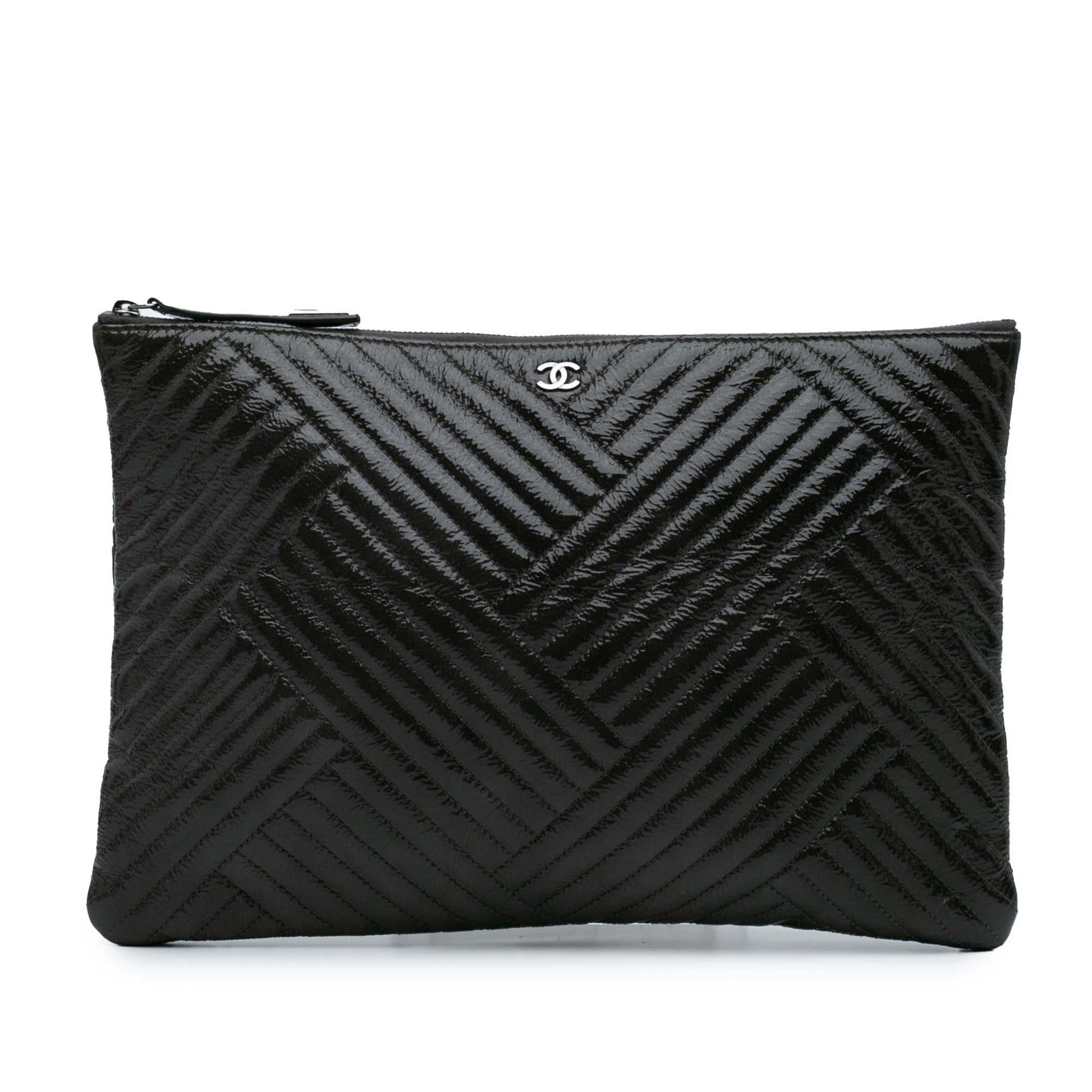 Chanel CC Distressed Quilted Patent Chevron Crossing Handbag