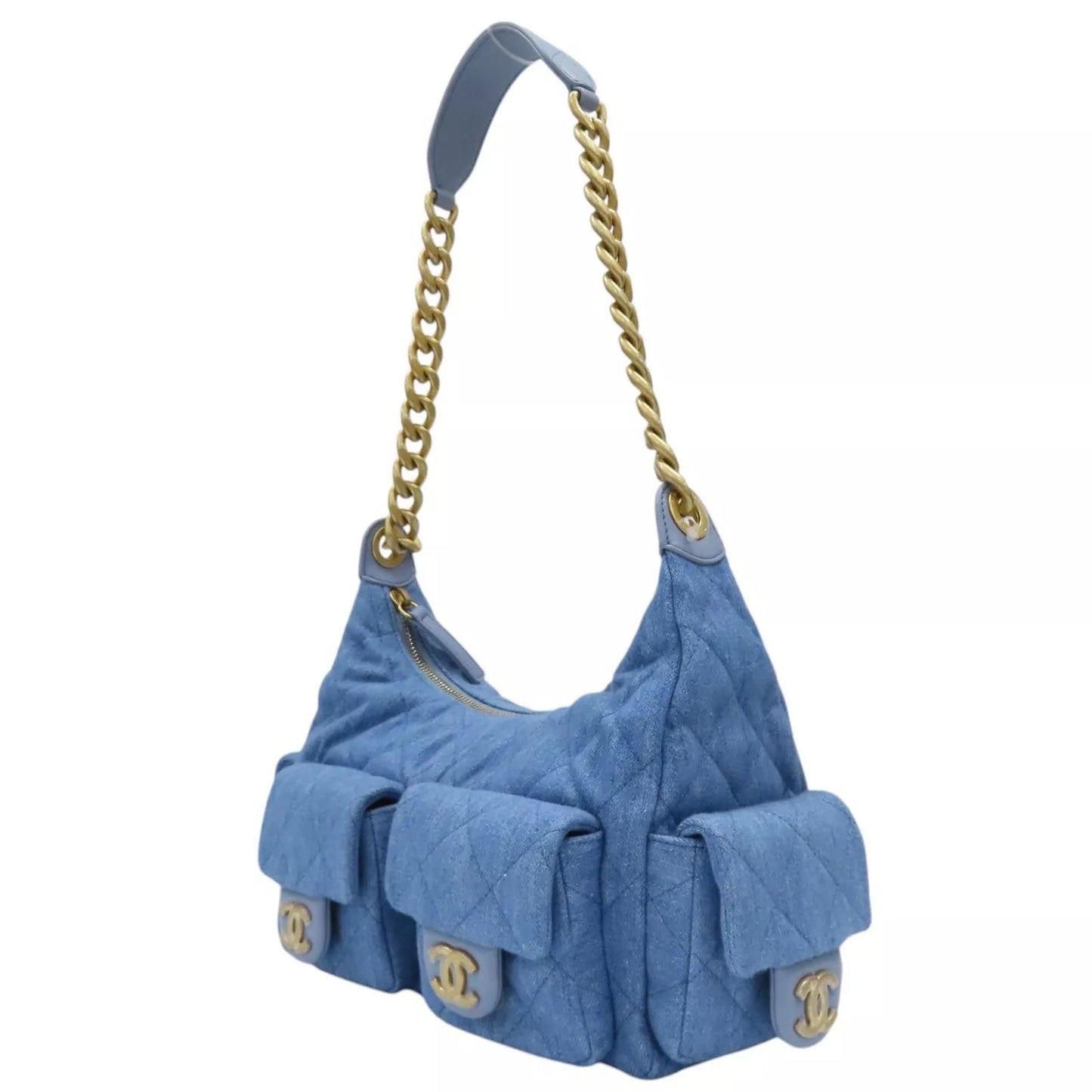 Chanel CARGO QUILTED WASHED DENIM HOBO Shoulder Bag