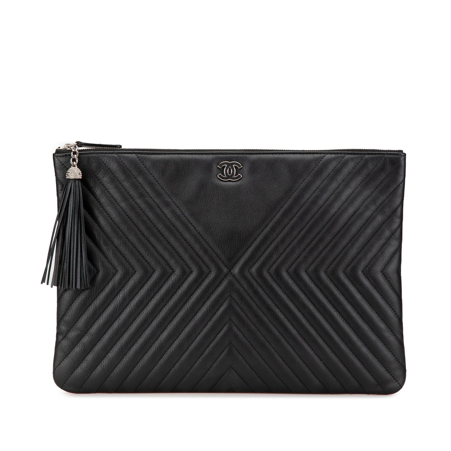 Chanel Diagonal Chevron Calfskin Tassel O Clutch Bag