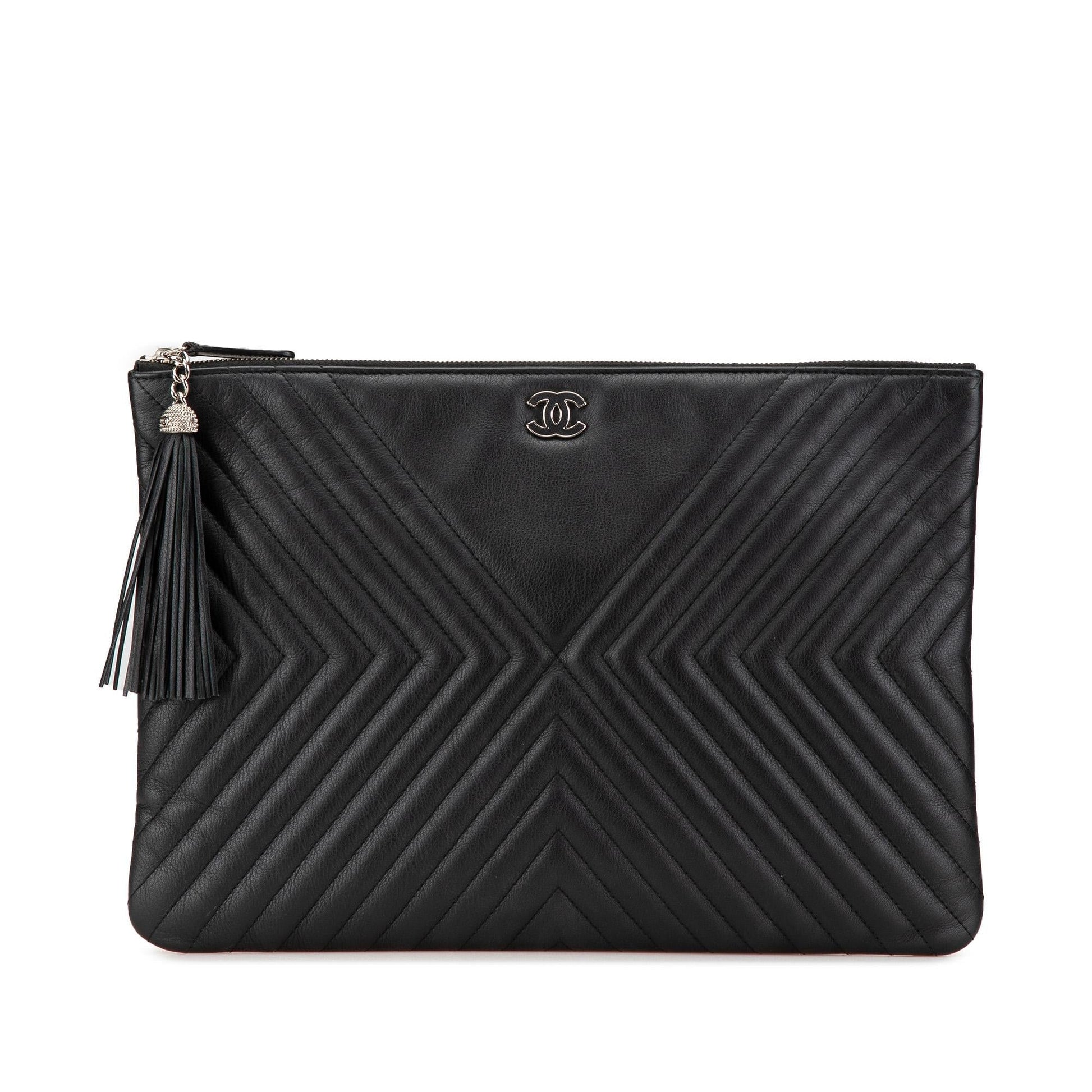 Chanel Diagonal Chevron Calfskin Tassel O Clutch Bag