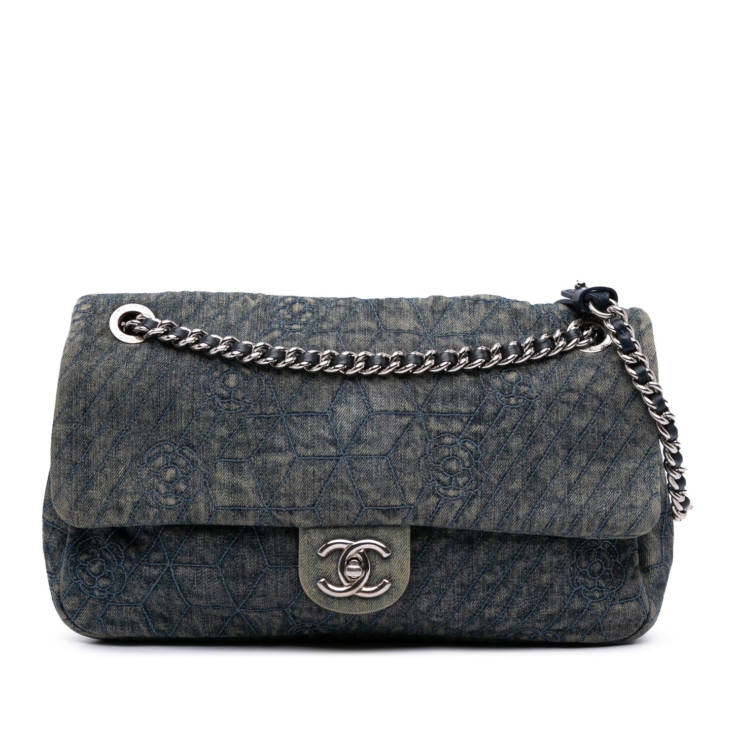 Chanel Embroidered Denim Camellia Flap Handbag