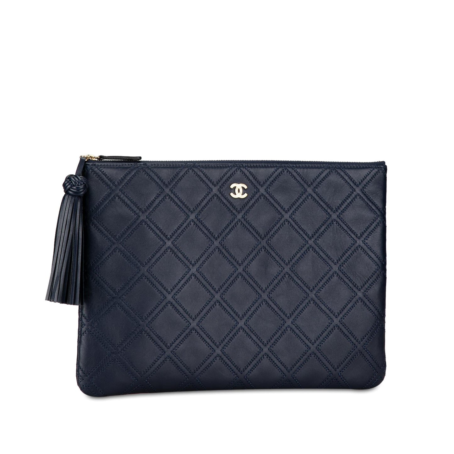 Chanel Quilted Lambskin Double Stitch Tassel O Clutch Bag