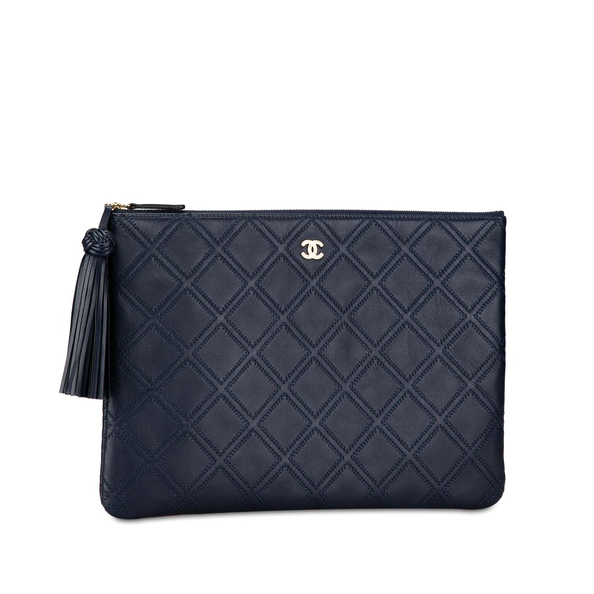 Chanel Quilted Lambskin Double Stitch Tassel O Clutch Bag